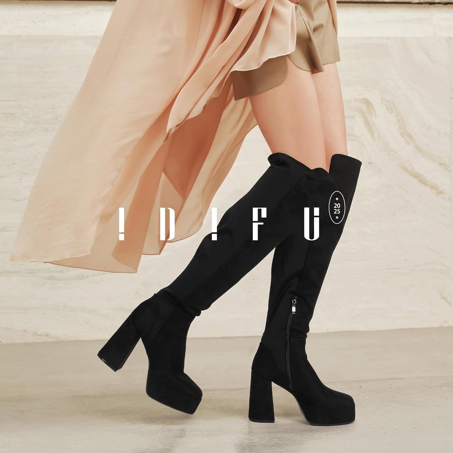 image:imageIDIFU IN4 Womens Thigh High Boots Over The Knee Stretch Platform Chunky Block Heel Side Zip Fashion Long BootsBlack Suede