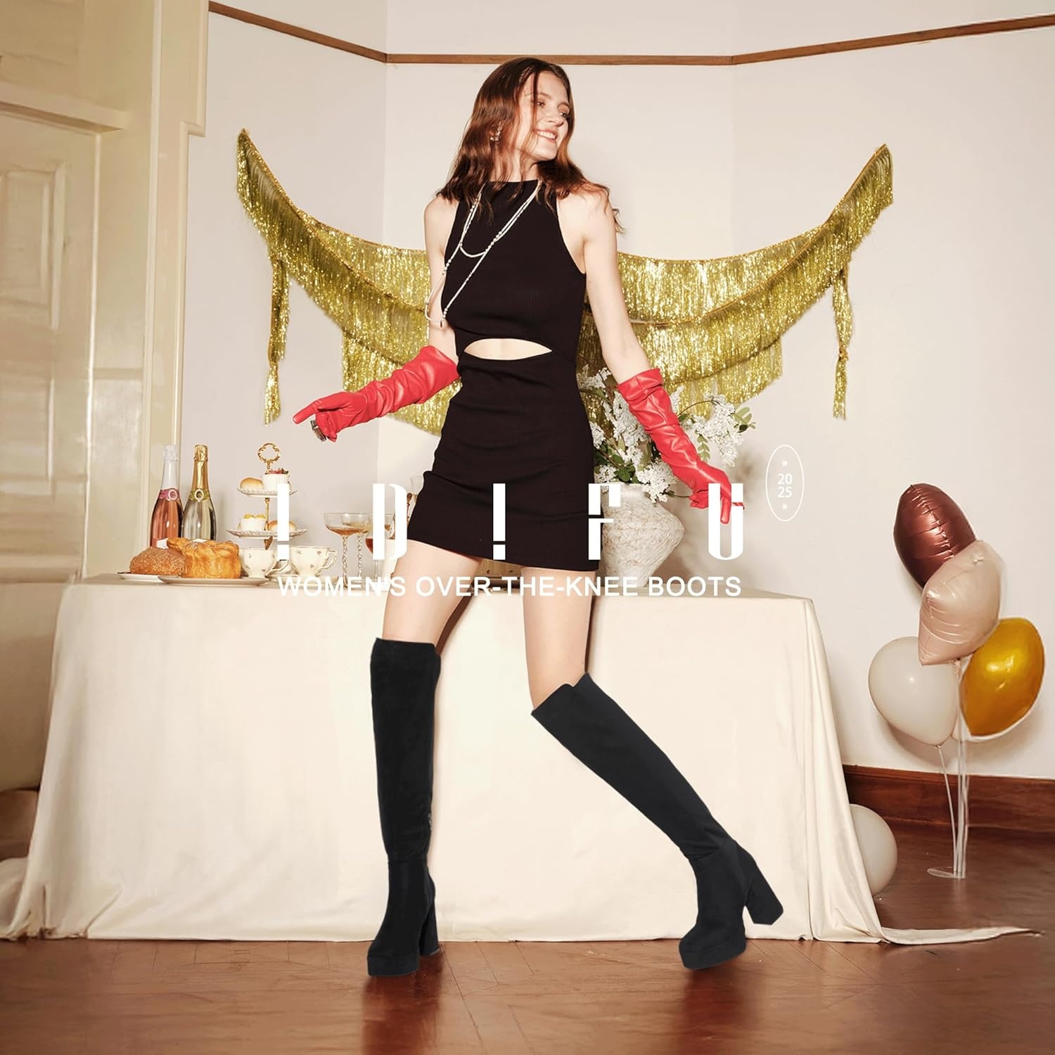 image:imageIDIFU IN4 Womens Thigh High Boots Over The Knee Stretch Platform Chunky Block Heel Side Zip Fashion Long BootsBlack Suede