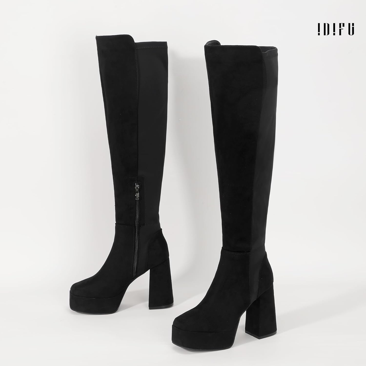 image:imageIDIFU IN4 Womens Thigh High Boots Over The Knee Stretch Platform Chunky Block Heel Side Zip Fashion Long BootsBlack Suede