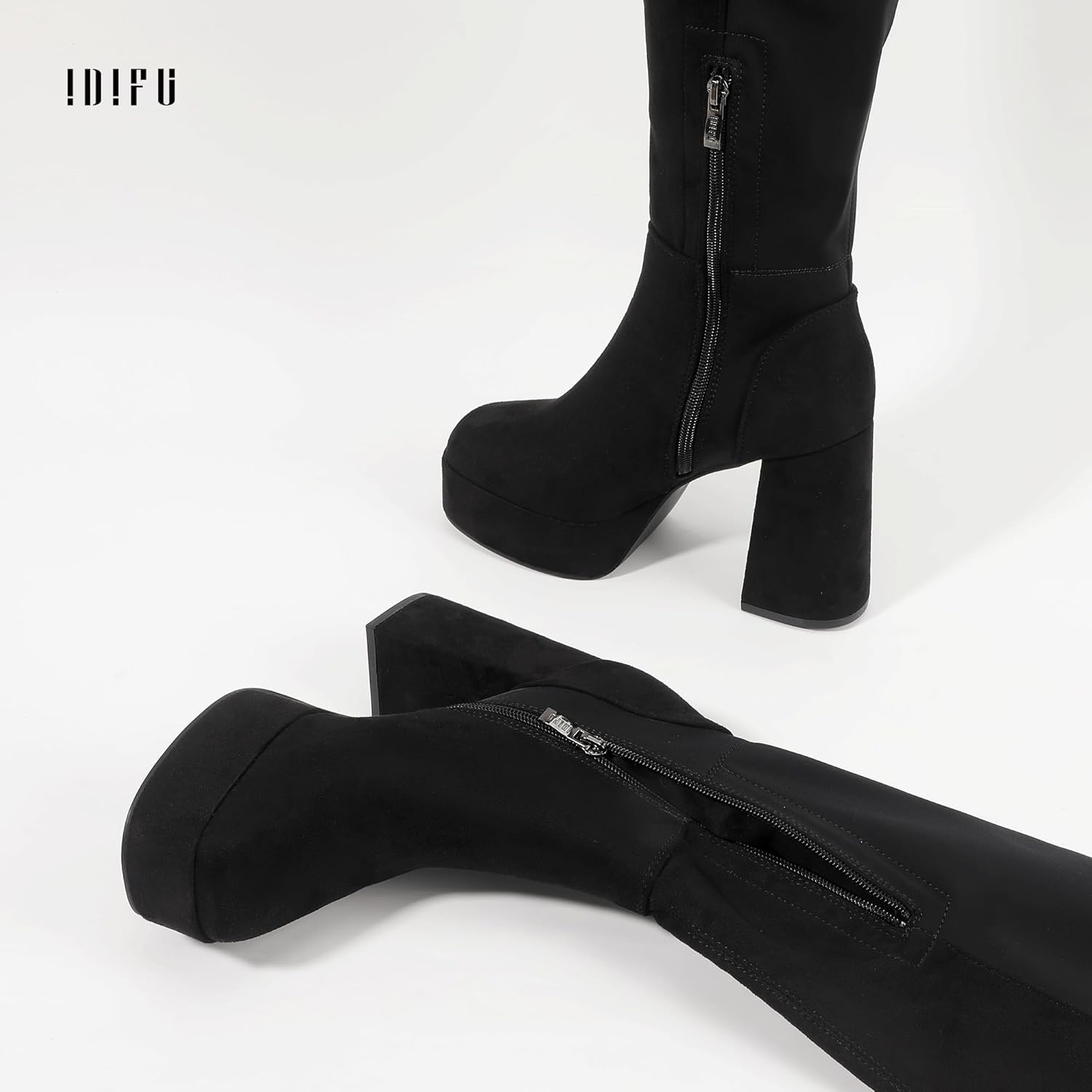 image:imageIDIFU IN4 Womens Thigh High Boots Over The Knee Stretch Platform Chunky Block Heel Side Zip Fashion Long BootsBlack Suede
