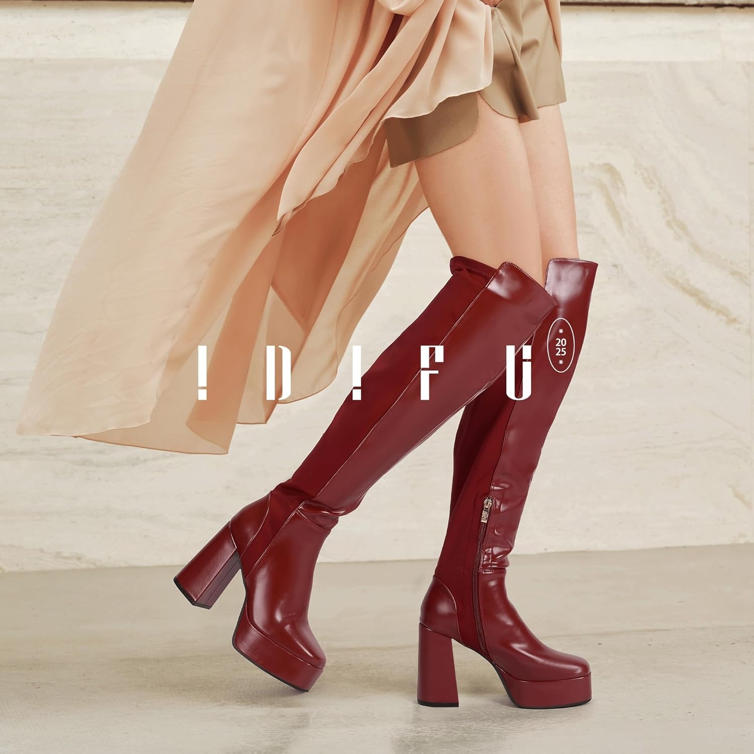 image:imageIDIFU IN4 Womens Thigh High Boots Over The Knee Stretch Platform Chunky Block Heel Side Zip Fashion Long BootsRed Pu