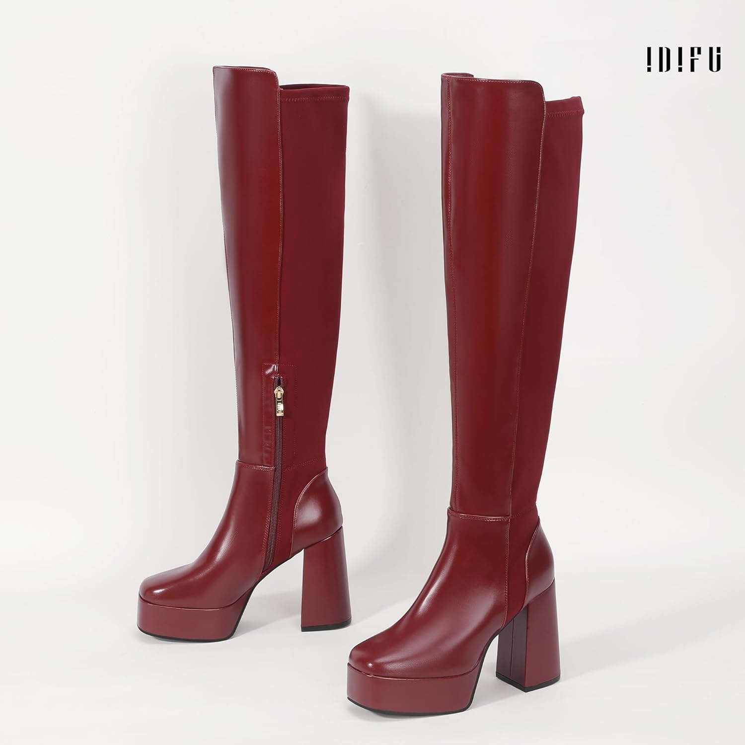 image:imageIDIFU IN4 Womens Thigh High Boots Over The Knee Stretch Platform Chunky Block Heel Side Zip Fashion Long BootsRed Pu