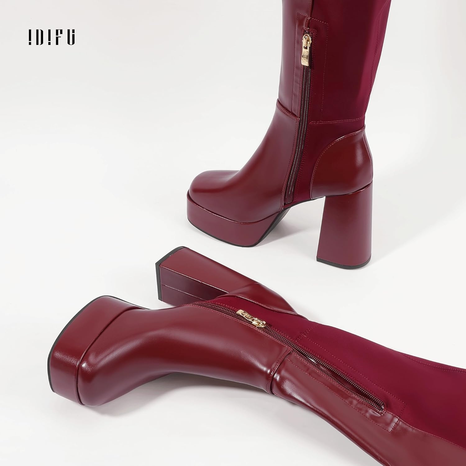 image:imageIDIFU IN4 Womens Thigh High Boots Over The Knee Stretch Platform Chunky Block Heel Side Zip Fashion Long BootsRed Pu