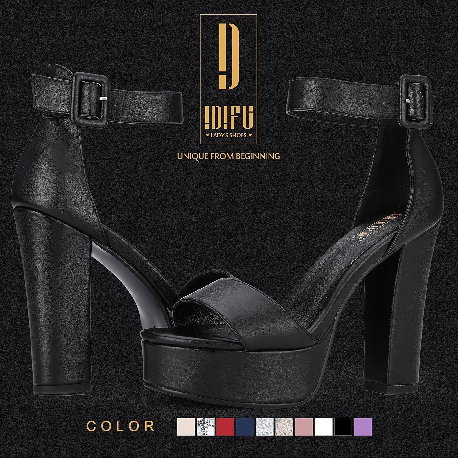image:imageIDIFU IN5 Sabrina Platform Block Chunky High Heels Ankle Strap Heeled Sandals Sexy Wedding Party Dress Shoes for Women Open Toe HeelsBlack Pu