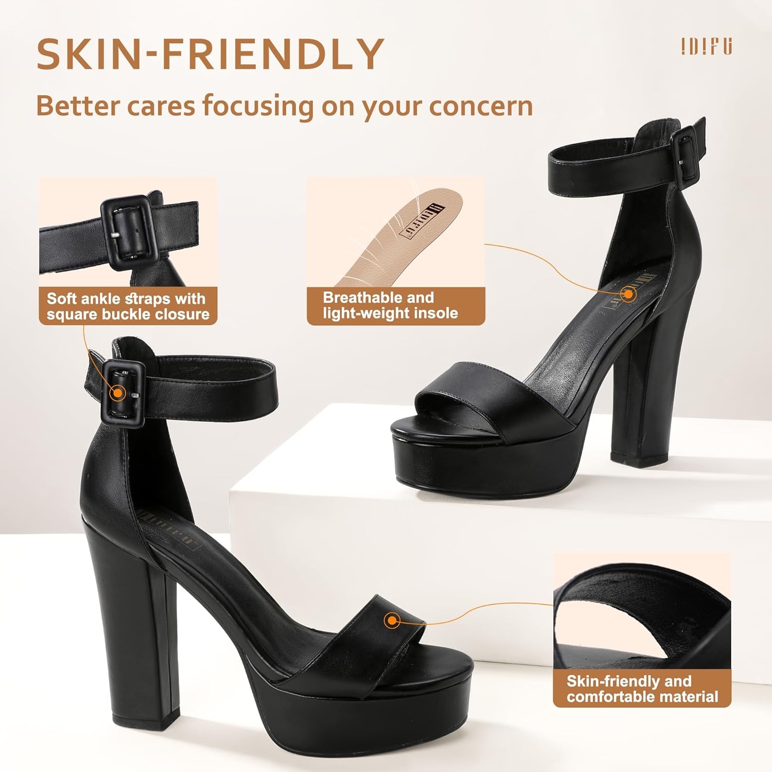 image:imageIDIFU IN5 Sabrina Platform Block Chunky High Heels Ankle Strap Heeled Sandals Sexy Wedding Party Dress Shoes for Women Open Toe HeelsBlack Pu