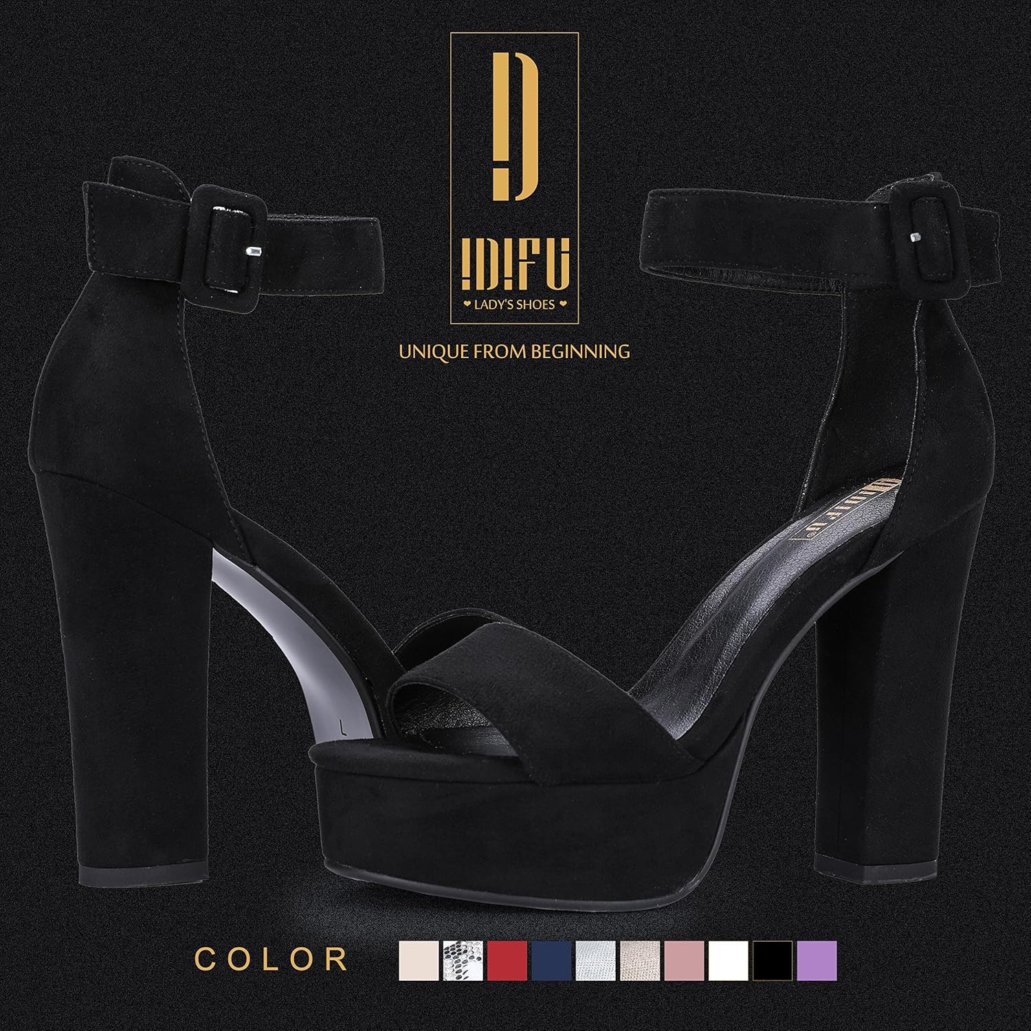 image:imageIDIFU IN5 Sabrina Platform Block Chunky High Heels Ankle Strap Heeled Sandals Sexy Wedding Party Dress Shoes for Women Open Toe HeelsBlack Suede