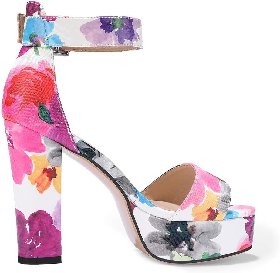 image:imageIDIFU IN5 Sabrina Platform Block Chunky High Heels Ankle Strap Heeled Sandals Sexy Wedding Party Dress Shoes for Women Open Toe HeelsFloral Purple