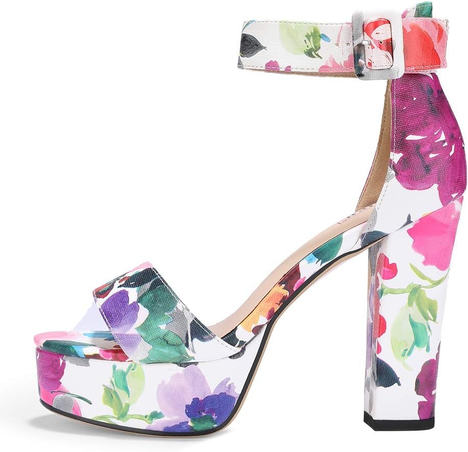 image:imageIDIFU IN5 Sabrina Platform Block Chunky High Heels Ankle Strap Heeled Sandals Sexy Wedding Party Dress Shoes for Women Open Toe HeelsFloral Purple