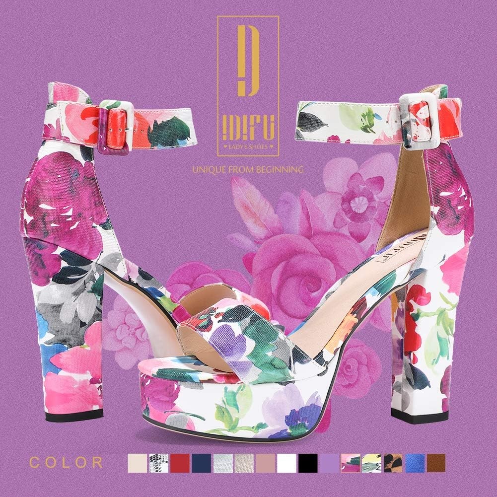 image:imageIDIFU IN5 Sabrina Platform Block Chunky High Heels Ankle Strap Heeled Sandals Sexy Wedding Party Dress Shoes for Women Open Toe HeelsFloral Purple