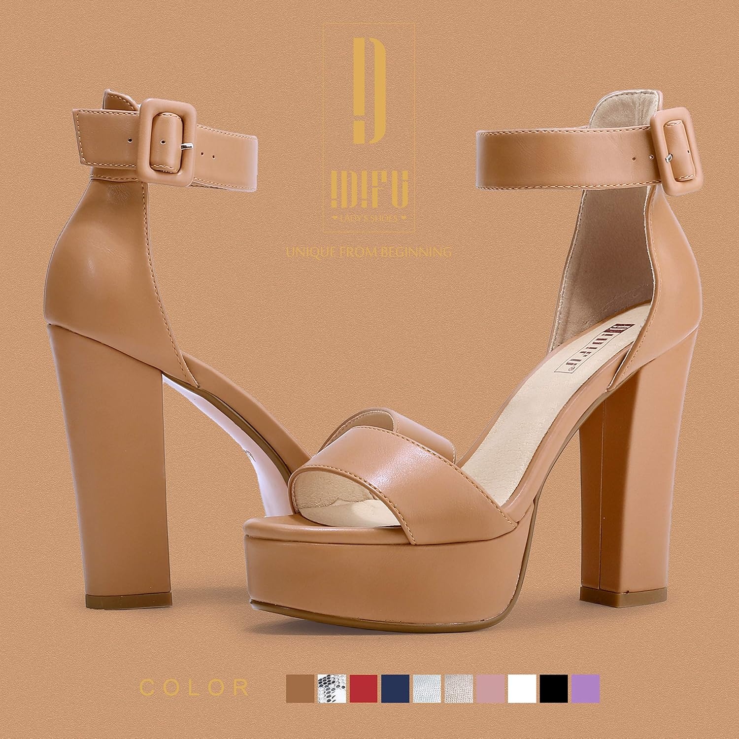 image:imageIDIFU IN5 Sabrina Platform Block Chunky High Heels Ankle Strap Heeled Sandals Sexy Wedding Party Dress Shoes for Women Open Toe HeelsNude Pu