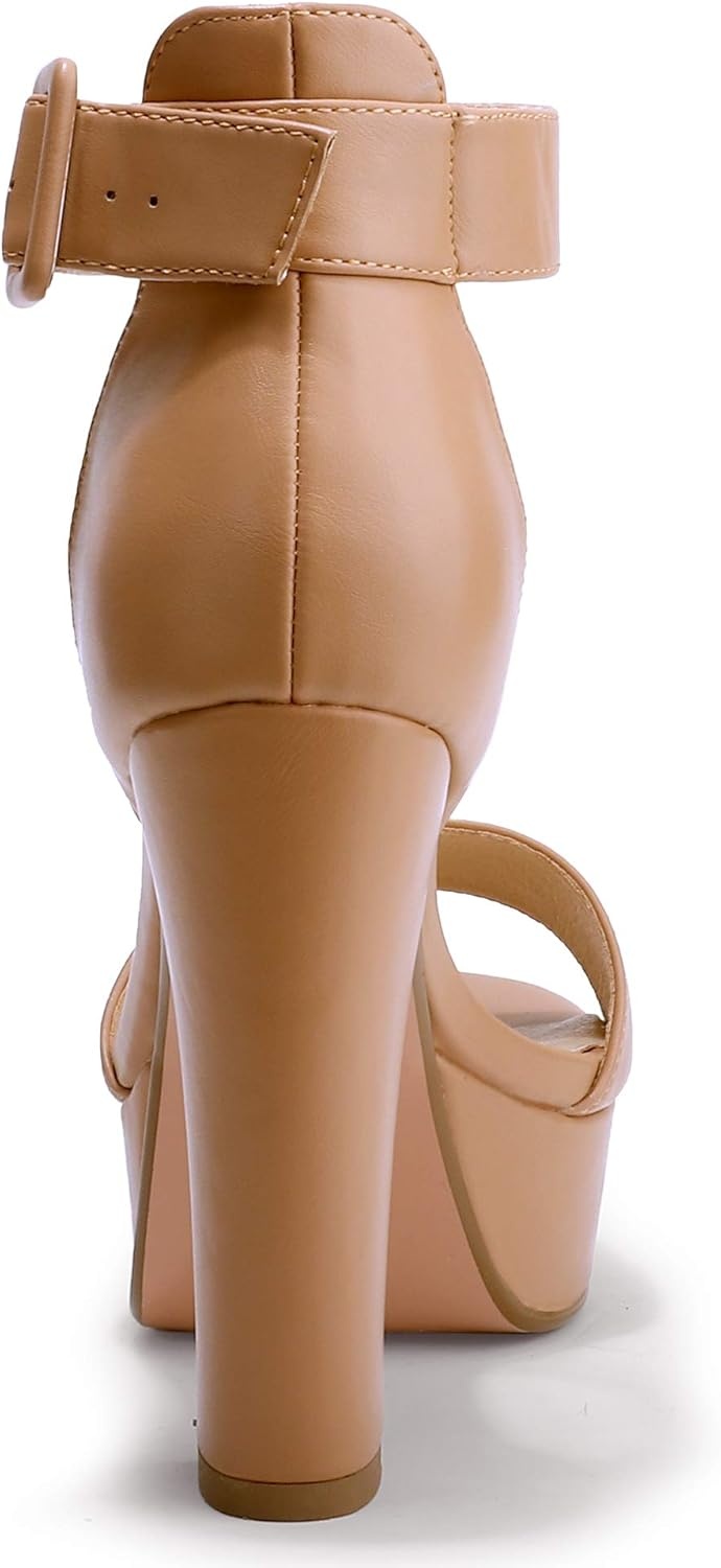 image:imageIDIFU IN5 Sabrina Platform Block Chunky High Heels Ankle Strap Heeled Sandals Sexy Wedding Party Dress Shoes for Women Open Toe HeelsNude Pu