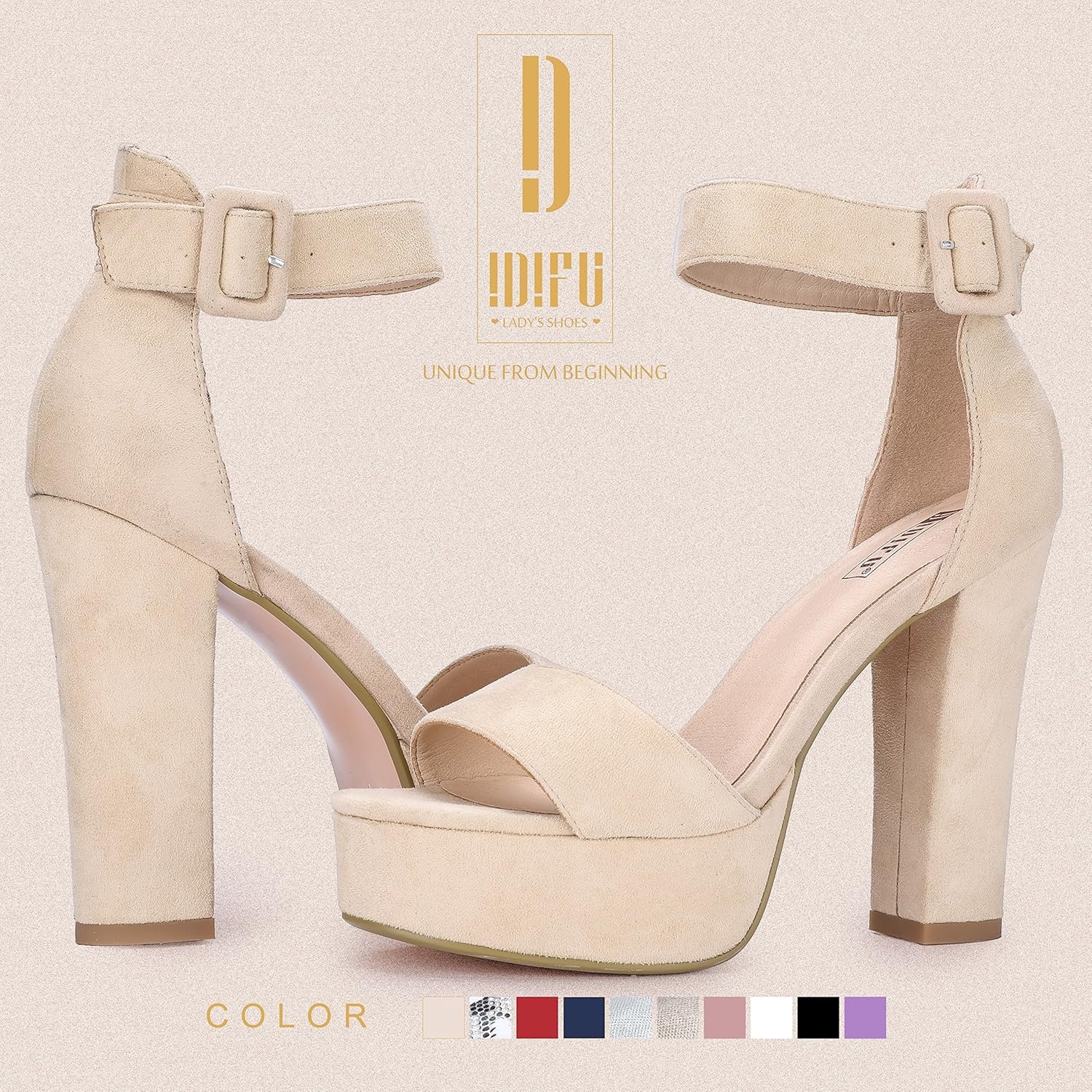 image:imageIDIFU IN5 Sabrina Platform Block Chunky High Heels Ankle Strap Heeled Sandals Sexy Wedding Party Dress Shoes for Women Open Toe HeelsNude Suede
