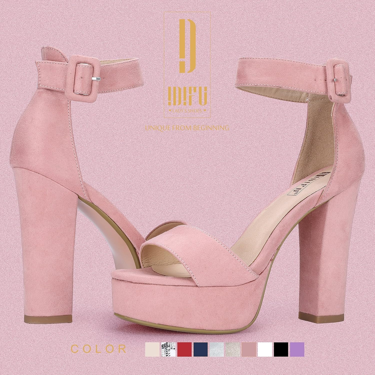 image:imageIDIFU IN5 Sabrina Platform Block Chunky High Heels Ankle Strap Heeled Sandals Sexy Wedding Party Dress Shoes for Women Open Toe HeelsPink Suede
