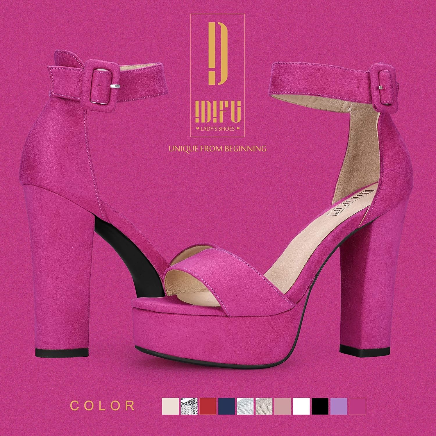 image:imageIDIFU IN5 Sabrina Platform Block Chunky High Heels Ankle Strap Heeled Sandals Sexy Wedding Party Dress Shoes for Women Open Toe HeelsRose Red Suede