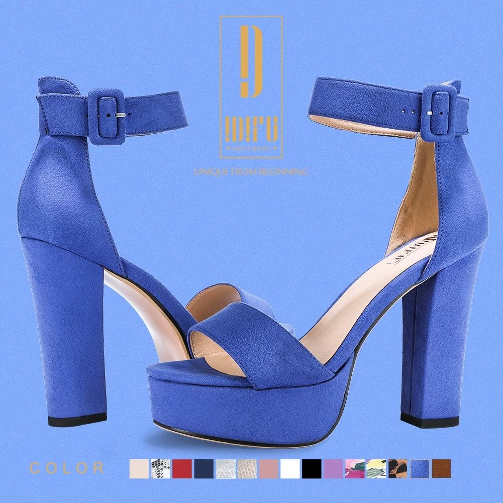 image:imageIDIFU IN5 Sabrina Platform Block Chunky High Heels Ankle Strap Heeled Sandals Sexy Wedding Party Dress Shoes for Women Open Toe HeelsRoyal Blue Suede