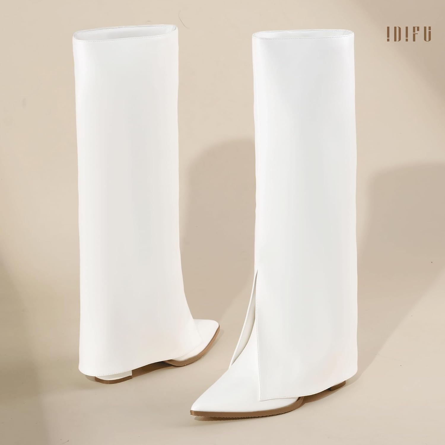 image:imageIDIFU Knee High Women Shark Boots Fold Over Tall High Chunky Heel Boots Pointed Toe Block Heeled Booties for Women Zip Up Dress Long Comfortable Cute Fashion Dressy Sexy Trendy Heel Booties BootsWhite Pu