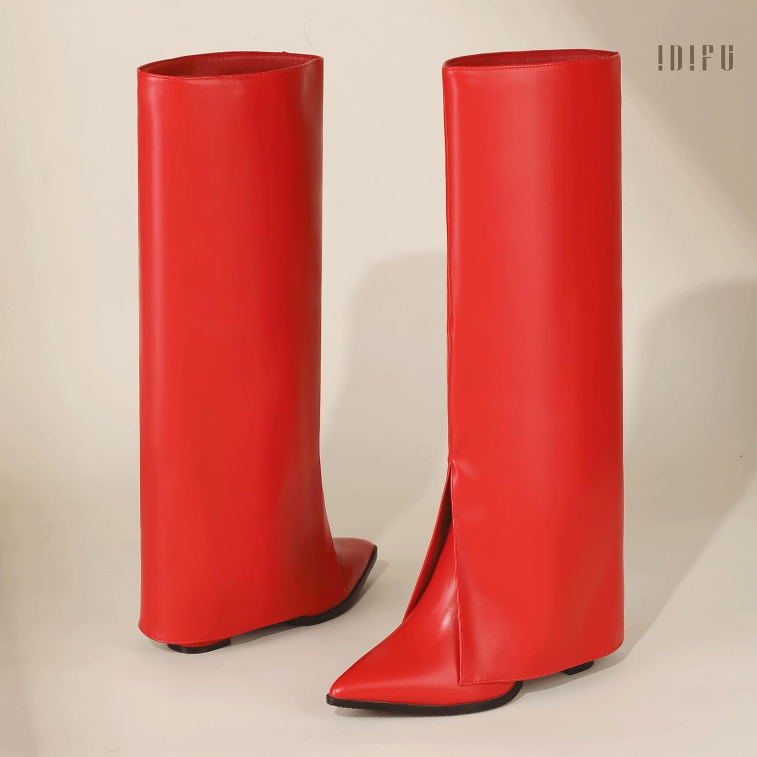 image:imageIDIFU Knee High Women Shark Boots Fold Over Tall High Chunky Heel Boots Pointed Toe Block Heeled Booties for Women Zip Up Dress Long Comfortable Cute Fashion Dressy Sexy Trendy Heel Booties BootsRed Pu