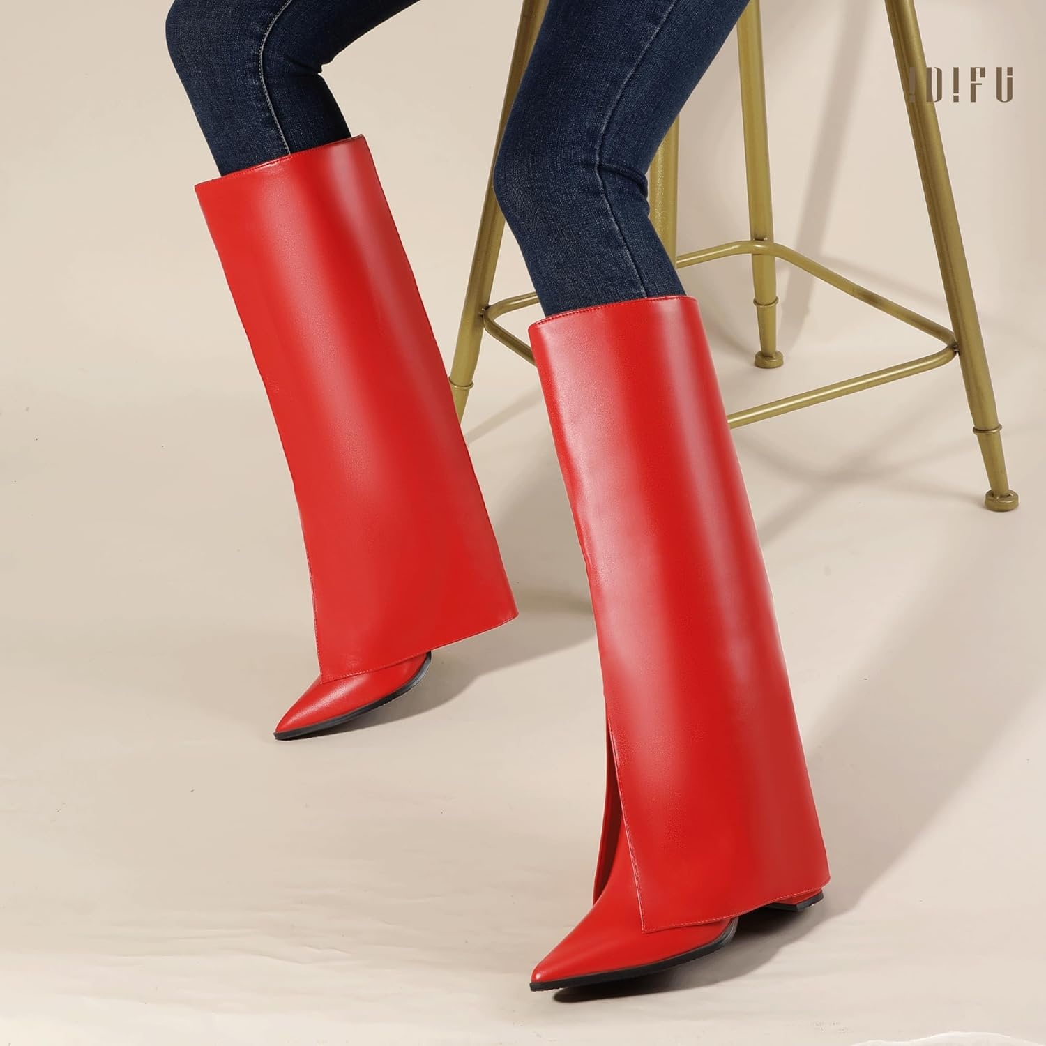 image:imageIDIFU Knee High Women Shark Boots Fold Over Tall High Chunky Heel Boots Pointed Toe Block Heeled Booties for Women Zip Up Dress Long Comfortable Cute Fashion Dressy Sexy Trendy Heel Booties BootsRed Pu