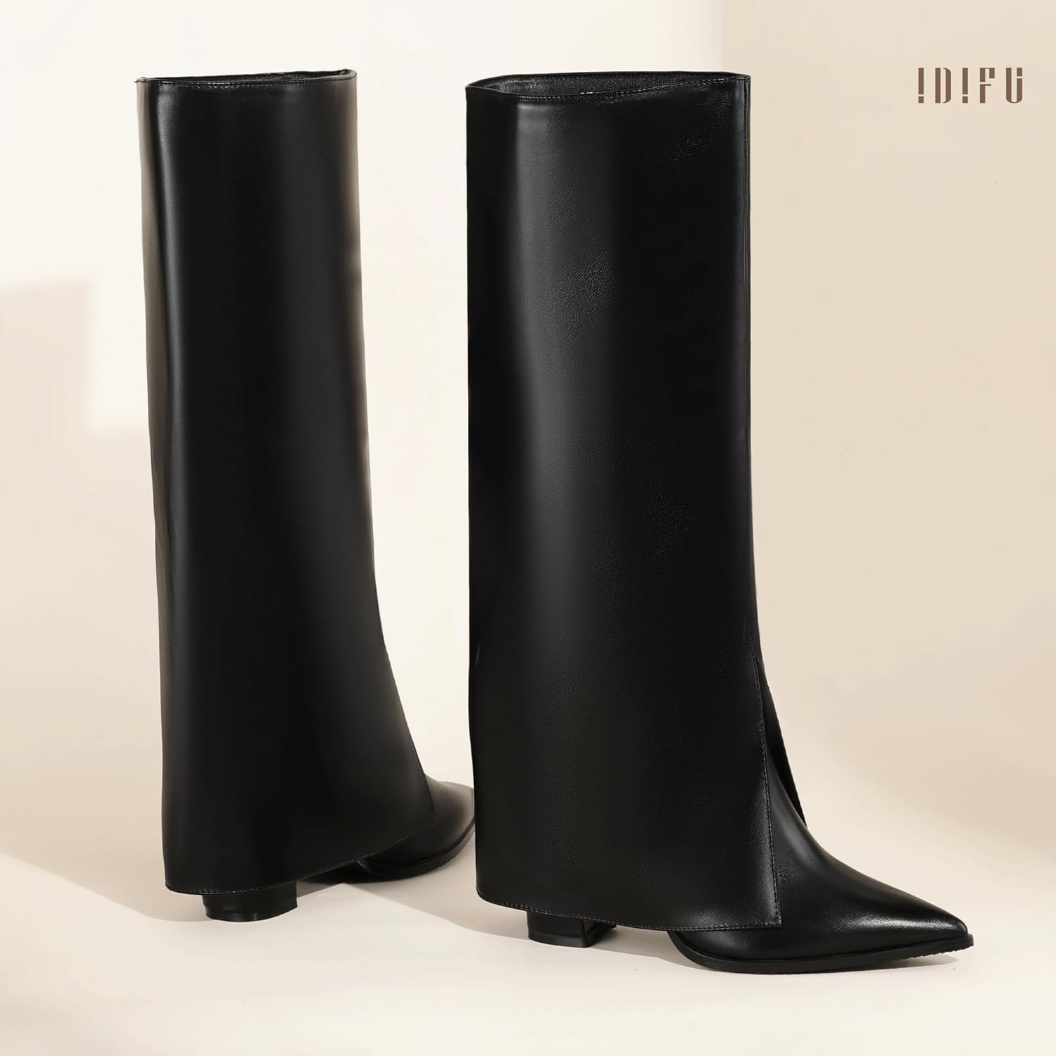 image:imageIDIFU Knee High Women Shark Boots Fold Over Tall High Chunky Heel Boots Pointed Toe Block Heeled Booties for Women Zip Up Dress Long Comfortable Cute Fashion Dressy Sexy Trendy Heel Booties BootsBlack Pu