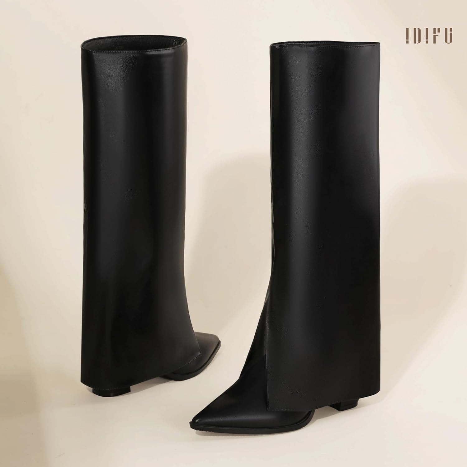 image:imageIDIFU Knee High Women Shark Boots Fold Over Tall High Chunky Heel Boots Pointed Toe Block Heeled Booties for Women Zip Up Dress Long Comfortable Cute Fashion Dressy Sexy Trendy Heel Booties BootsBlack Pu
