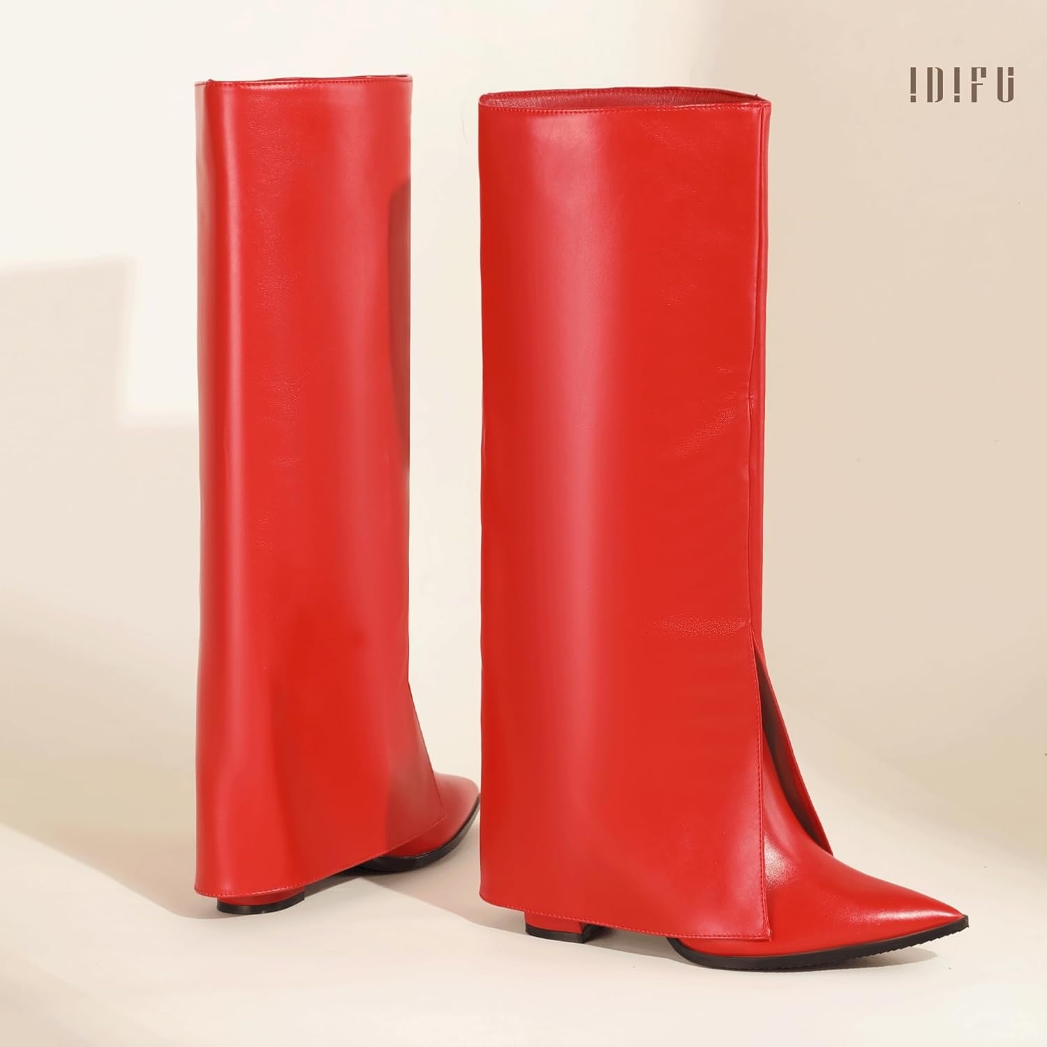 image:imageIDIFU Knee High Women Shark Boots Fold Over Tall High Chunky Heel Boots Pointed Toe Block Heeled Booties for Women Zip Up Dress Long Comfortable Cute Fashion Dressy Sexy Trendy Heel Booties BootsRed Pu