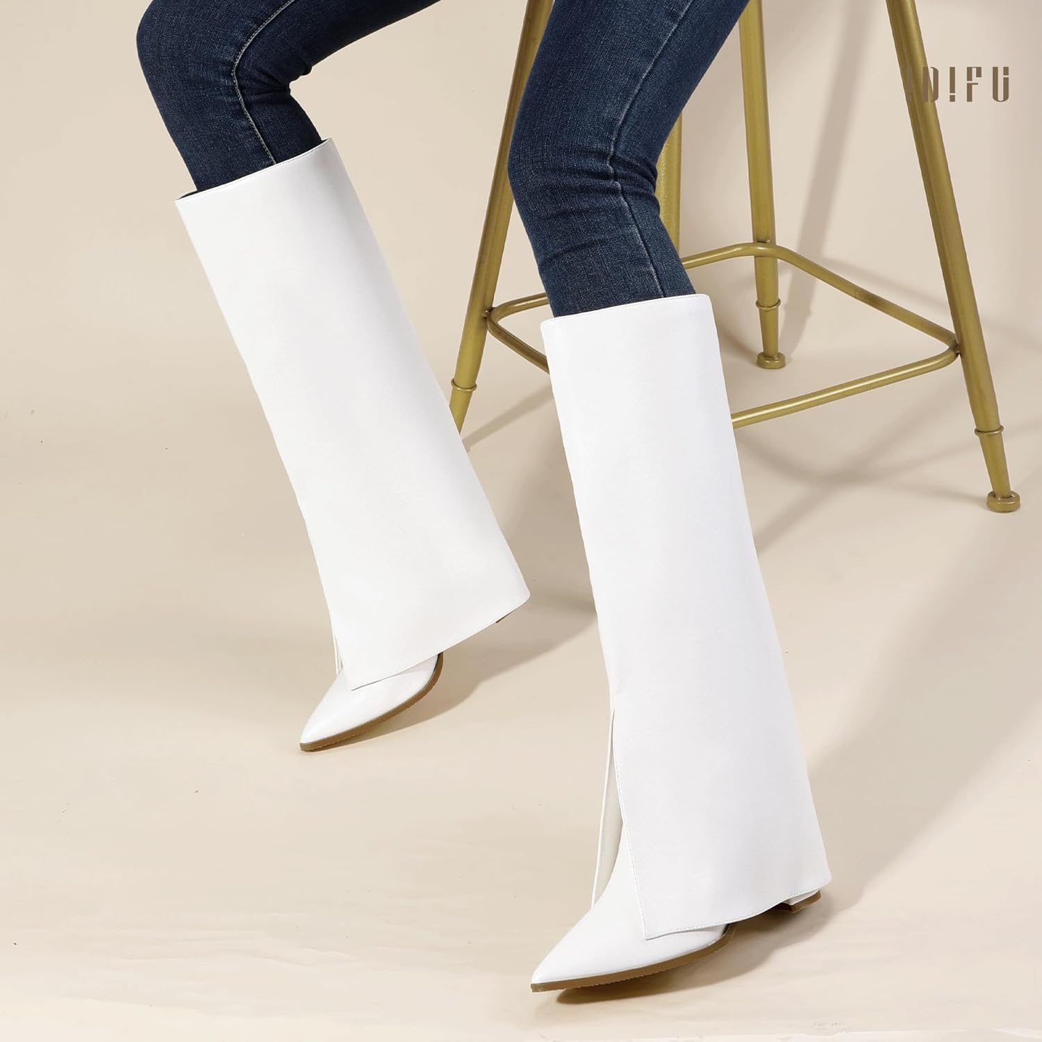image:imageIDIFU Knee High Women Shark Boots Fold Over Tall High Chunky Heel Boots Pointed Toe Block Heeled Booties for Women Zip Up Dress Long Comfortable Cute Fashion Dressy Sexy Trendy Heel Booties BootsWhite Pu