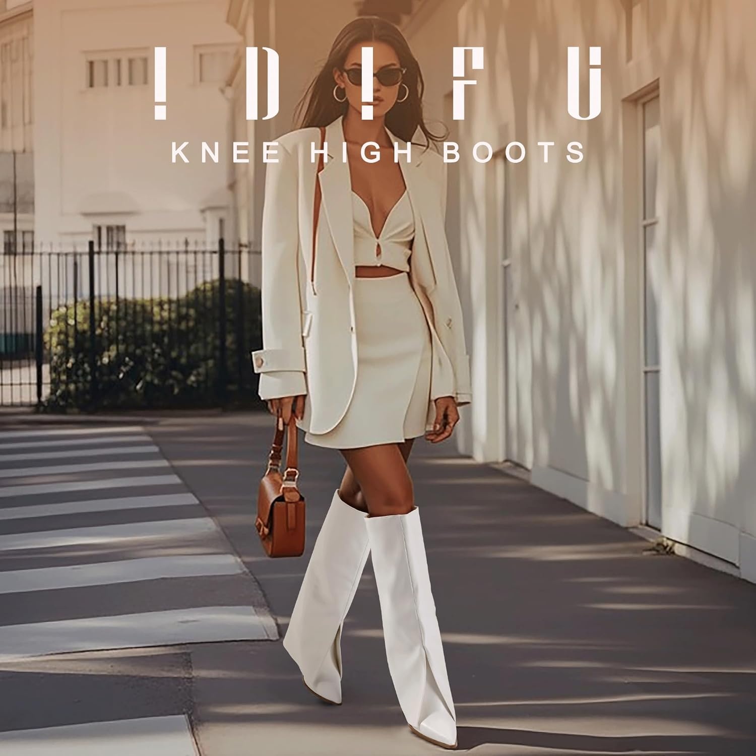 image:imageIDIFU Knee High Women Shark Boots Fold Over Tall High Chunky Heel Boots Pointed Toe Block Heeled Booties for Women Zip Up Dress Long Comfortable Cute Fashion Dressy Sexy Trendy Heel Booties BootsWhite Pu