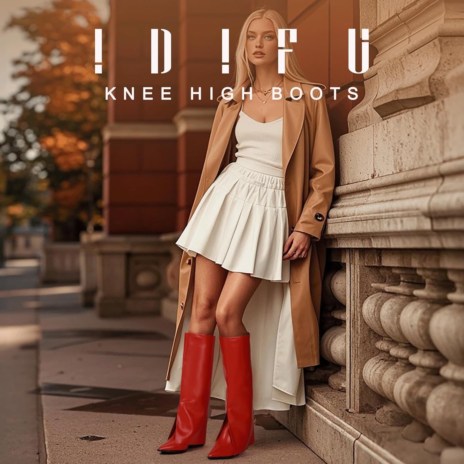 image:imageIDIFU Knee High Women Shark Boots Fold Over Tall High Chunky Heel Boots Pointed Toe Block Heeled Booties for Women Zip Up Dress Long Comfortable Cute Fashion Dressy Sexy Trendy Heel Booties BootsRed Pu