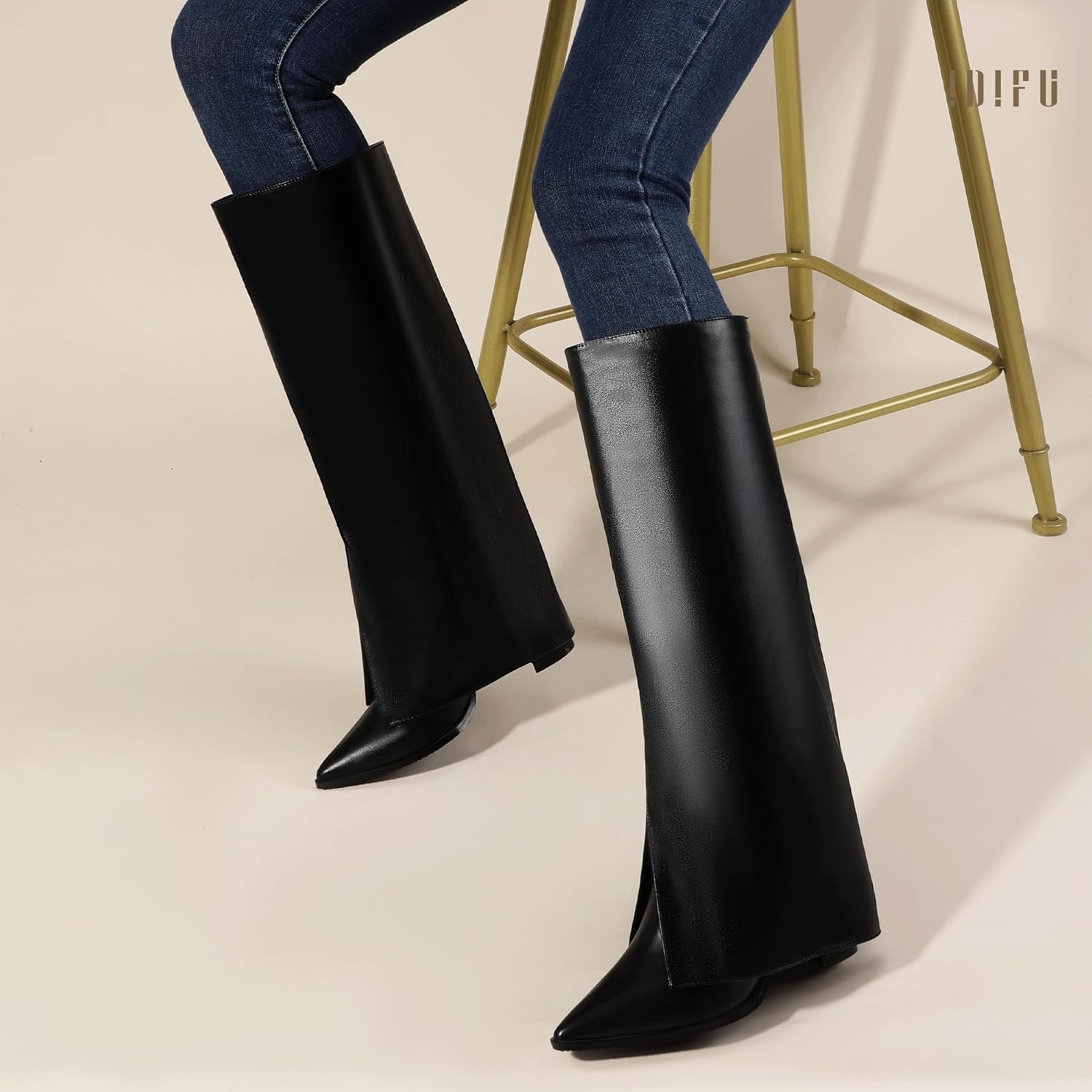 image:imageIDIFU Knee High Women Shark Boots Fold Over Tall High Chunky Heel Boots Pointed Toe Block Heeled Booties for Women Zip Up Dress Long Comfortable Cute Fashion Dressy Sexy Trendy Heel Booties BootsBlack Pu