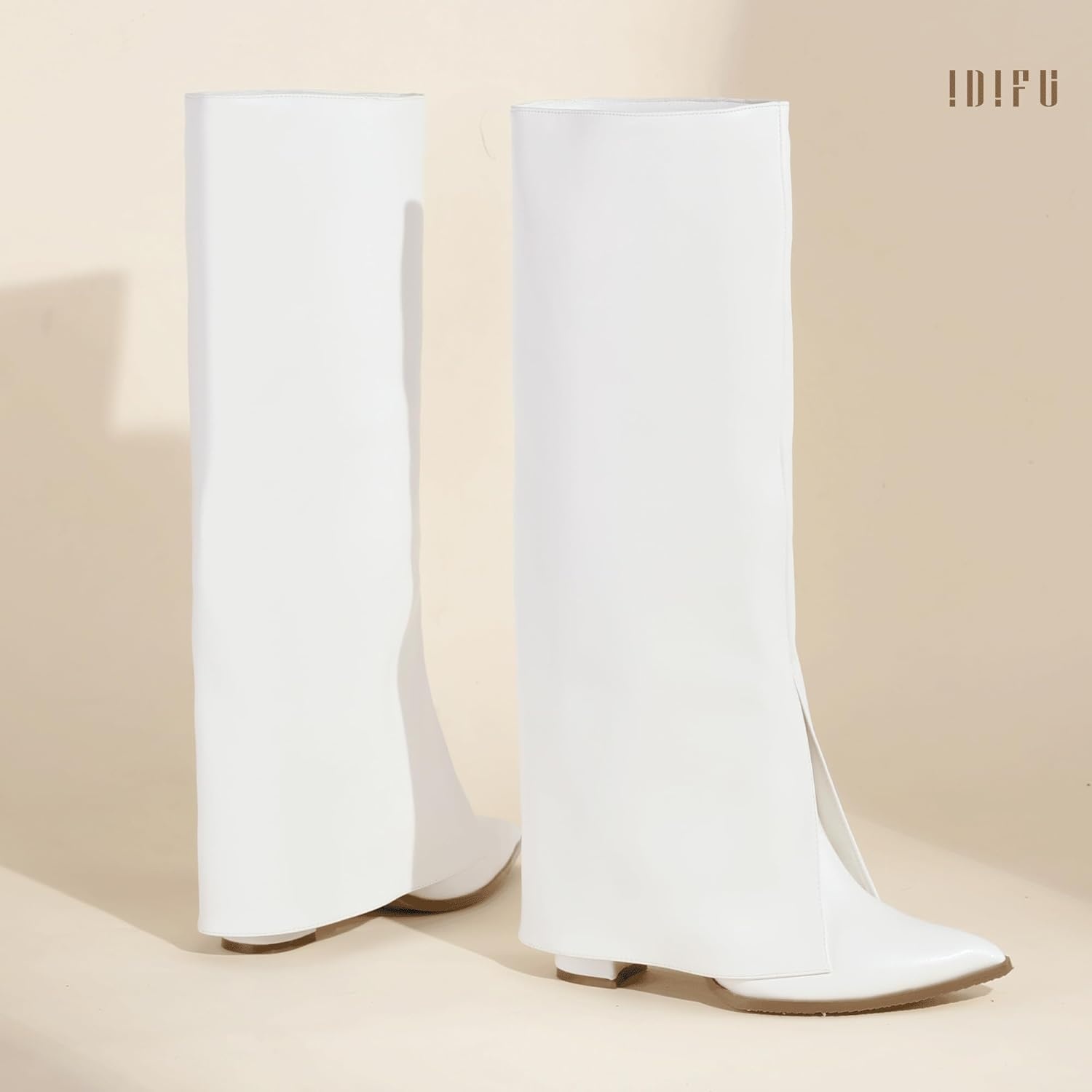 image:imageIDIFU Knee High Women Shark Boots Fold Over Tall High Chunky Heel Boots Pointed Toe Block Heeled Booties for Women Zip Up Dress Long Comfortable Cute Fashion Dressy Sexy Trendy Heel Booties BootsWhite Pu
