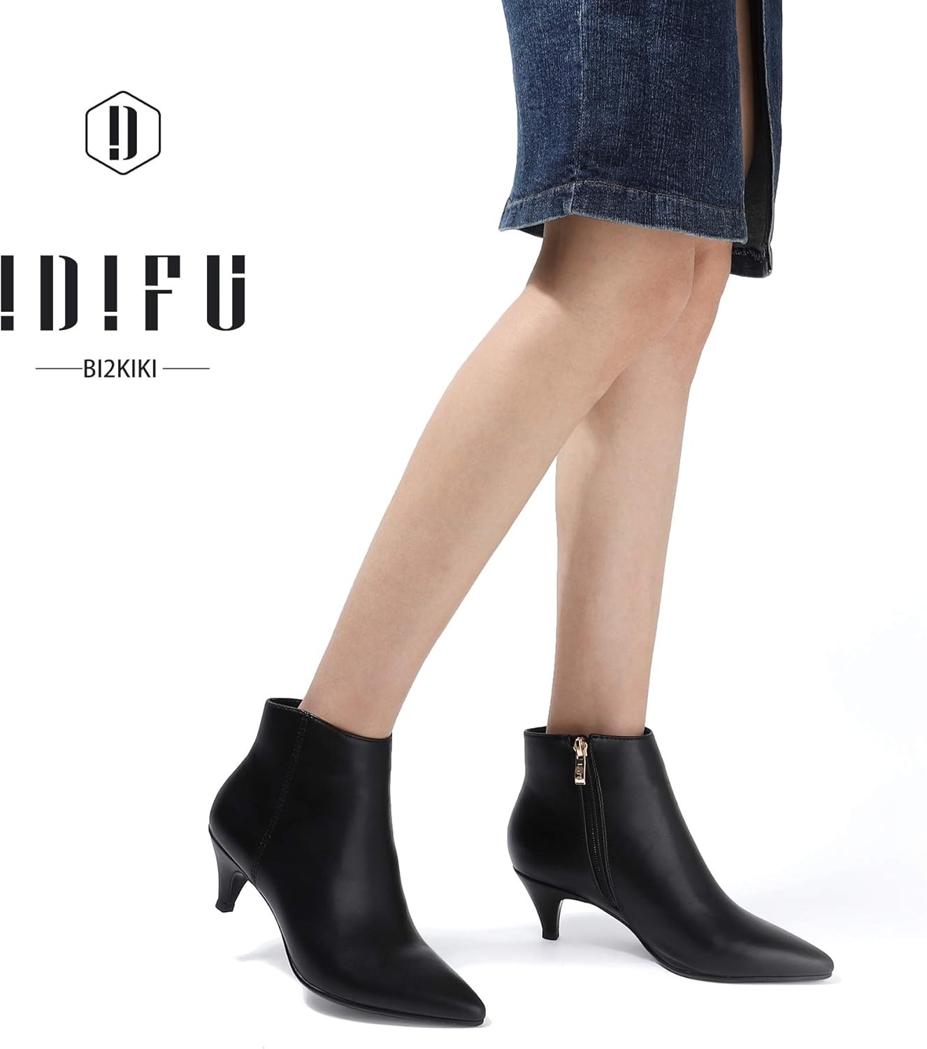 image:imageIDIFU Women Booties Low Kitten Heel Ankle Boots Pointed Toe Short Boots Dress Sexy ShoesBlack Pu