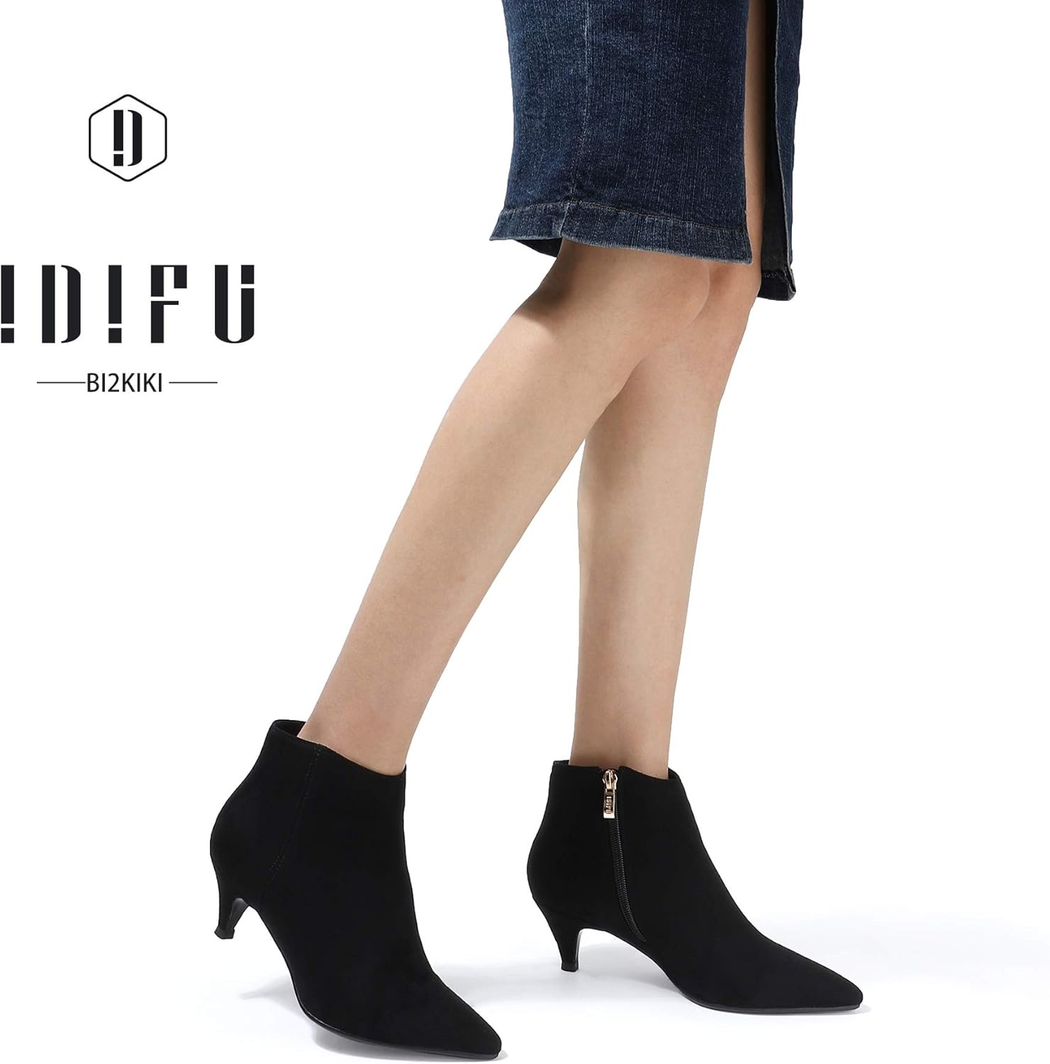 image:imageIDIFU Women Booties Low Kitten Heel Ankle Boots Pointed Toe Short Boots Dress Sexy ShoesBlack Suede