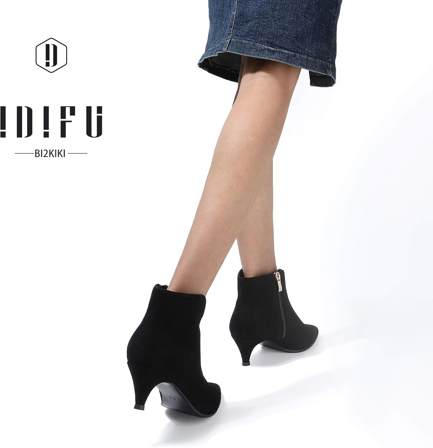 image:imageIDIFU Women Booties Low Kitten Heel Ankle Boots Pointed Toe Short Boots Dress Sexy ShoesBlack Suede