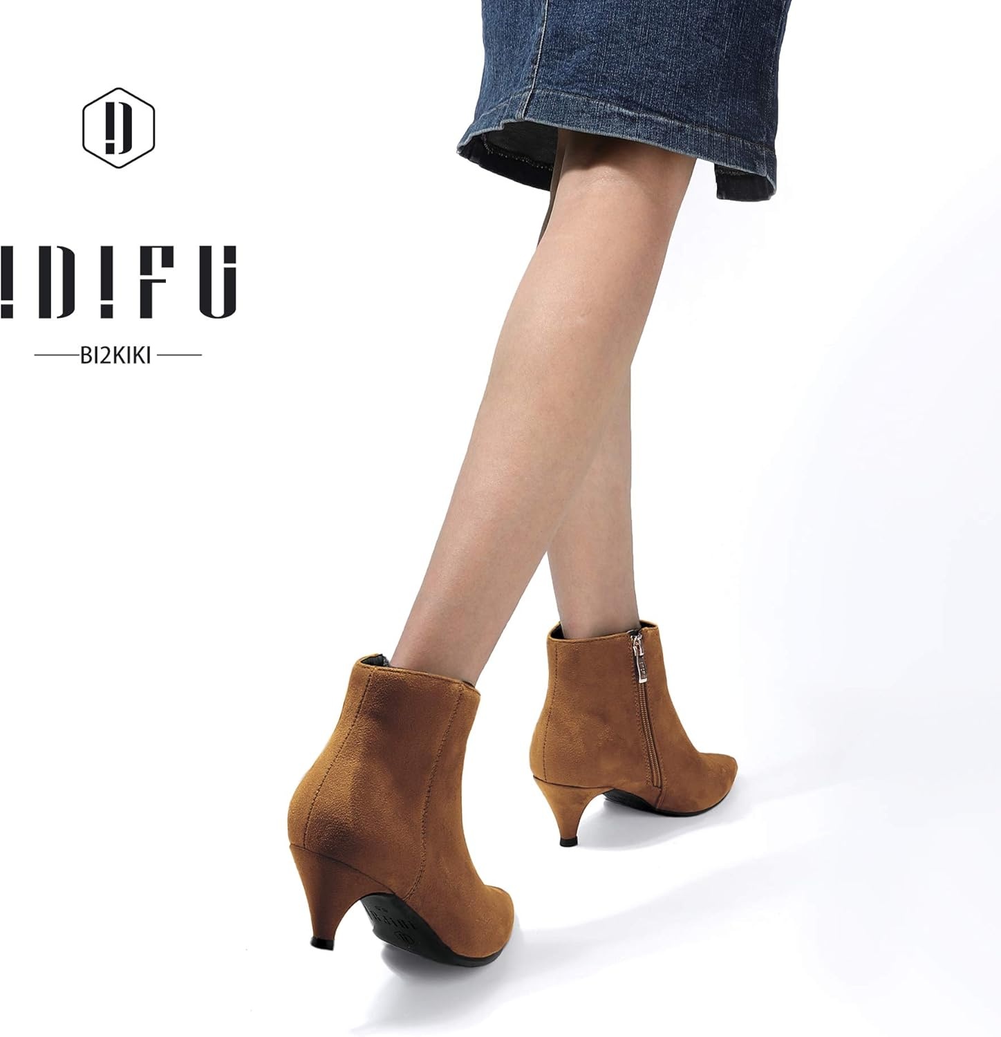 image:imageIDIFU Women Booties Low Kitten Heel Ankle Boots Pointed Toe Short Boots Dress Sexy ShoesBrown Suede