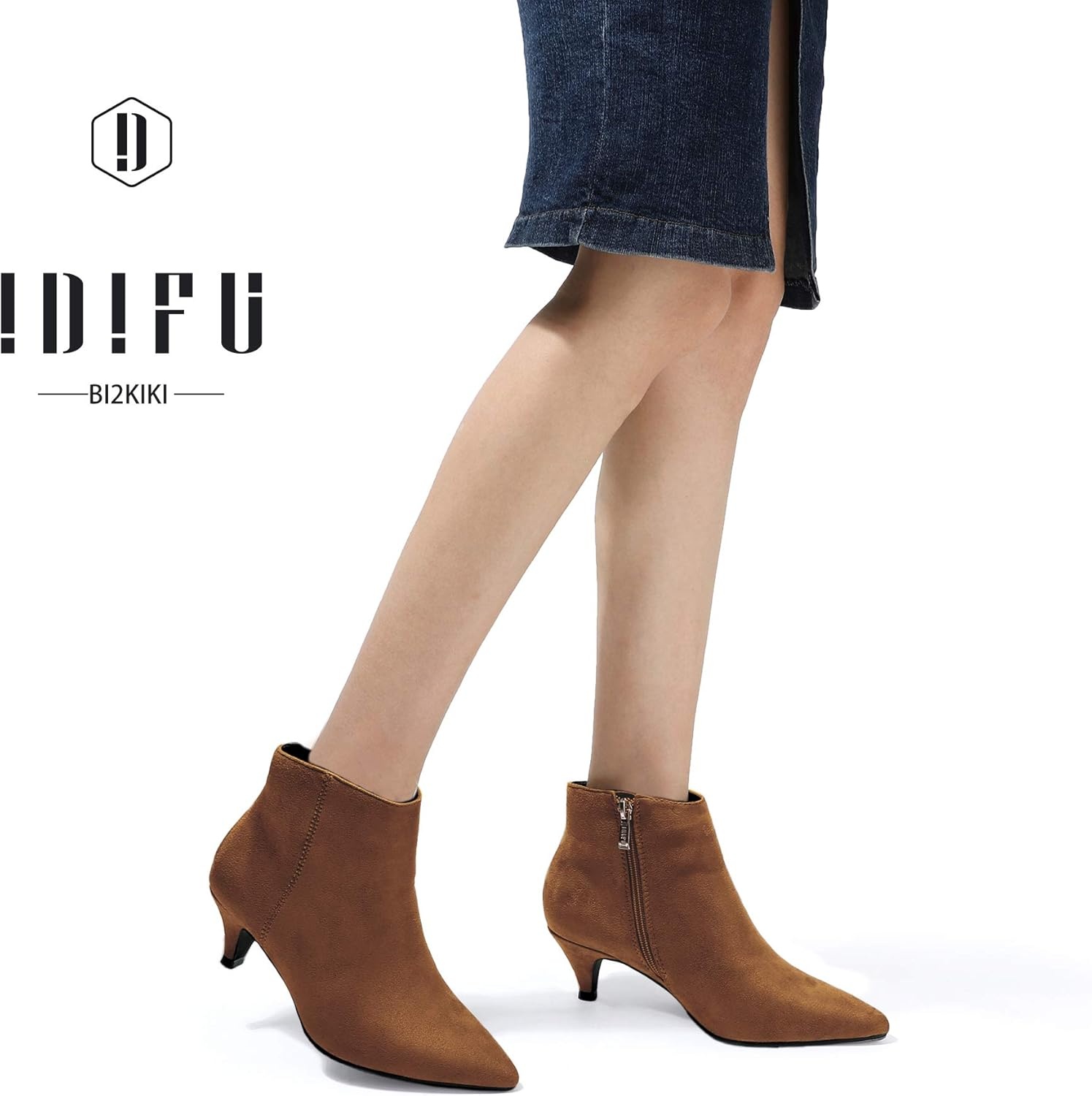 image:imageIDIFU Women Booties Low Kitten Heel Ankle Boots Pointed Toe Short Boots Dress Sexy ShoesBrown Suede