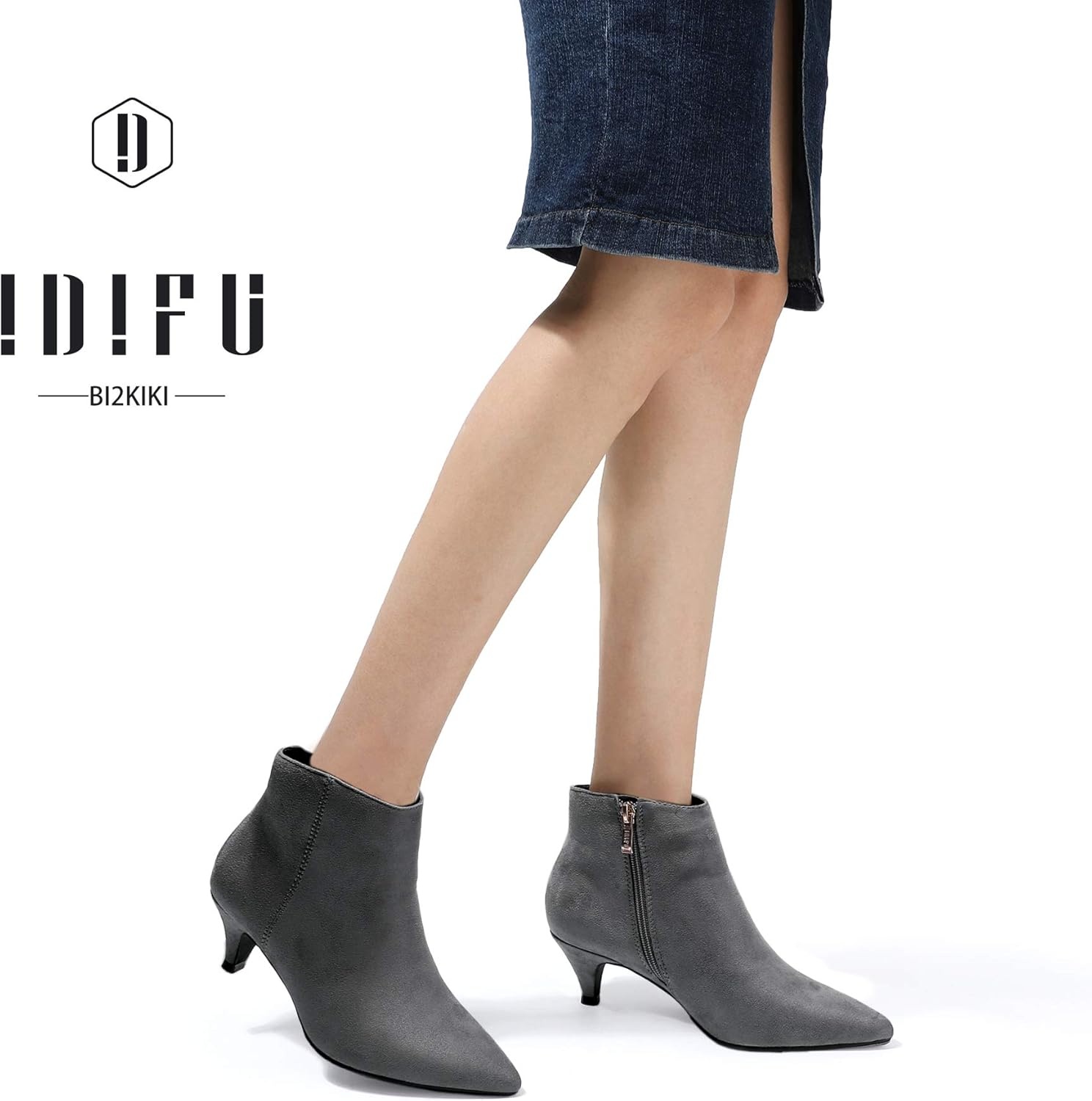 image:imageIDIFU Women Booties Low Kitten Heel Ankle Boots Pointed Toe Short Boots Dress Sexy ShoesGray Suede