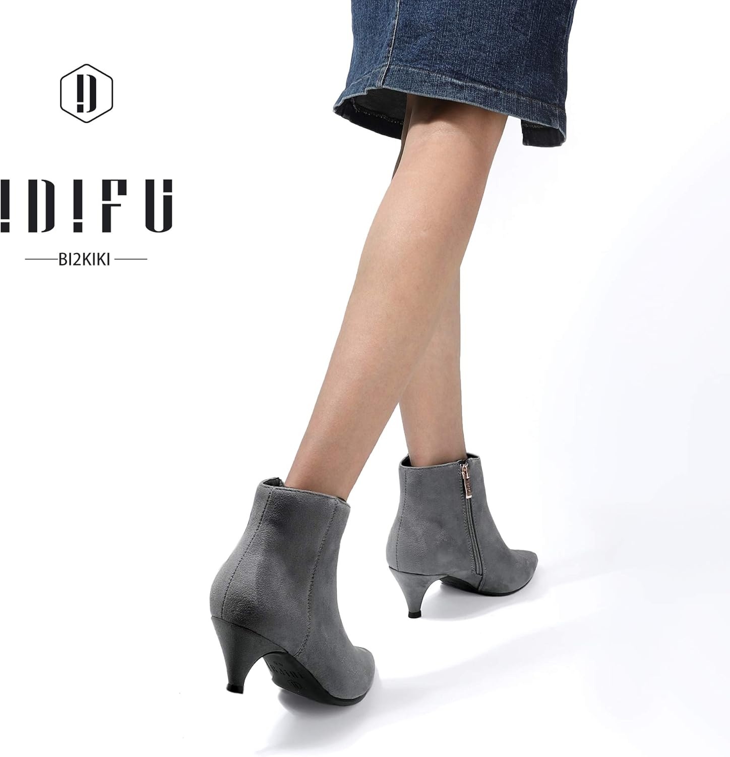 image:imageIDIFU Women Booties Low Kitten Heel Ankle Boots Pointed Toe Short Boots Dress Sexy ShoesGray Suede