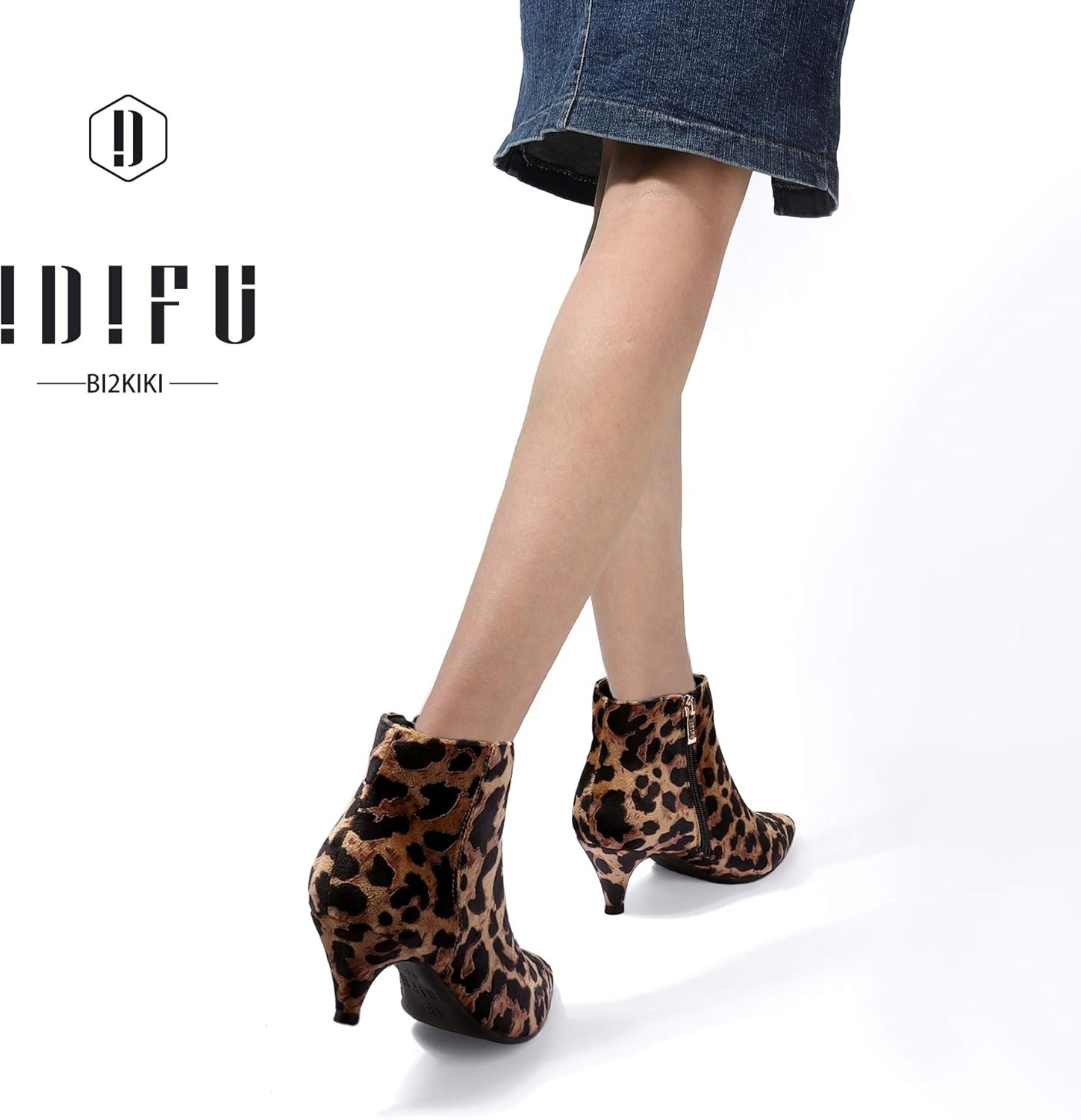 image:imageIDIFU Women Booties Low Kitten Heel Ankle Boots Pointed Toe Short Boots Dress Sexy ShoesLeopard Suede