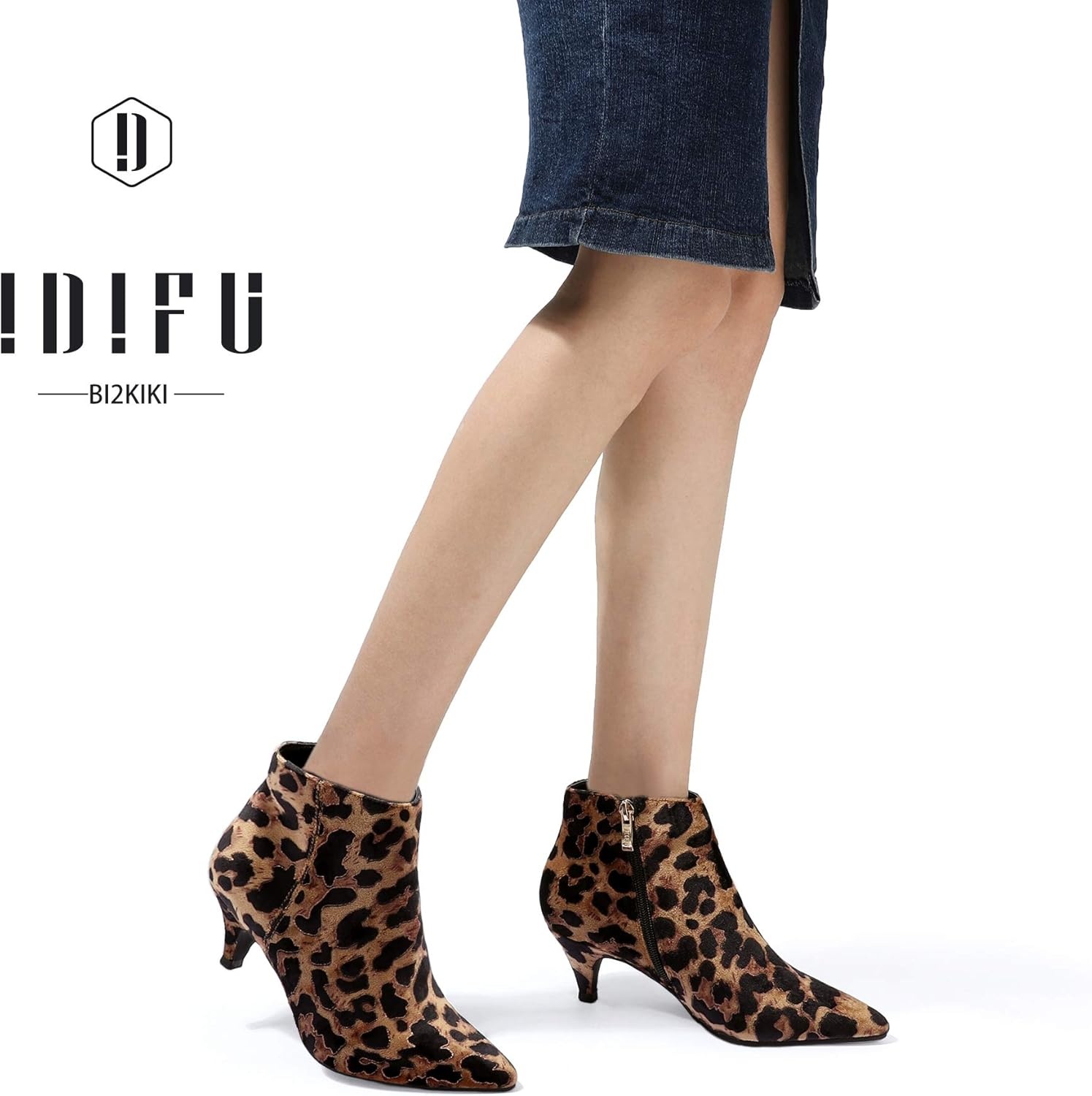 image:imageIDIFU Women Booties Low Kitten Heel Ankle Boots Pointed Toe Short Boots Dress Sexy ShoesLeopard Suede