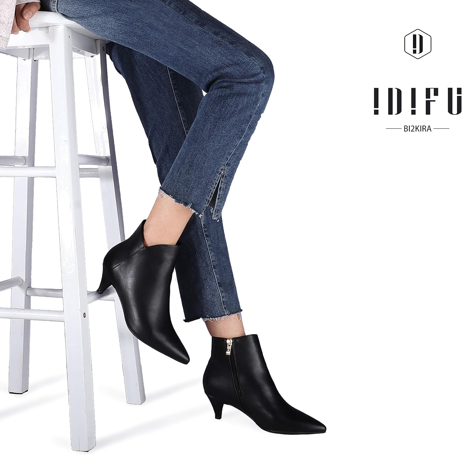 image:imageIDIFU Women Booties Low Kitten Heel Ankle Boots Pointed Toe Short Boots Dress Sexy ShoesV Black Pu