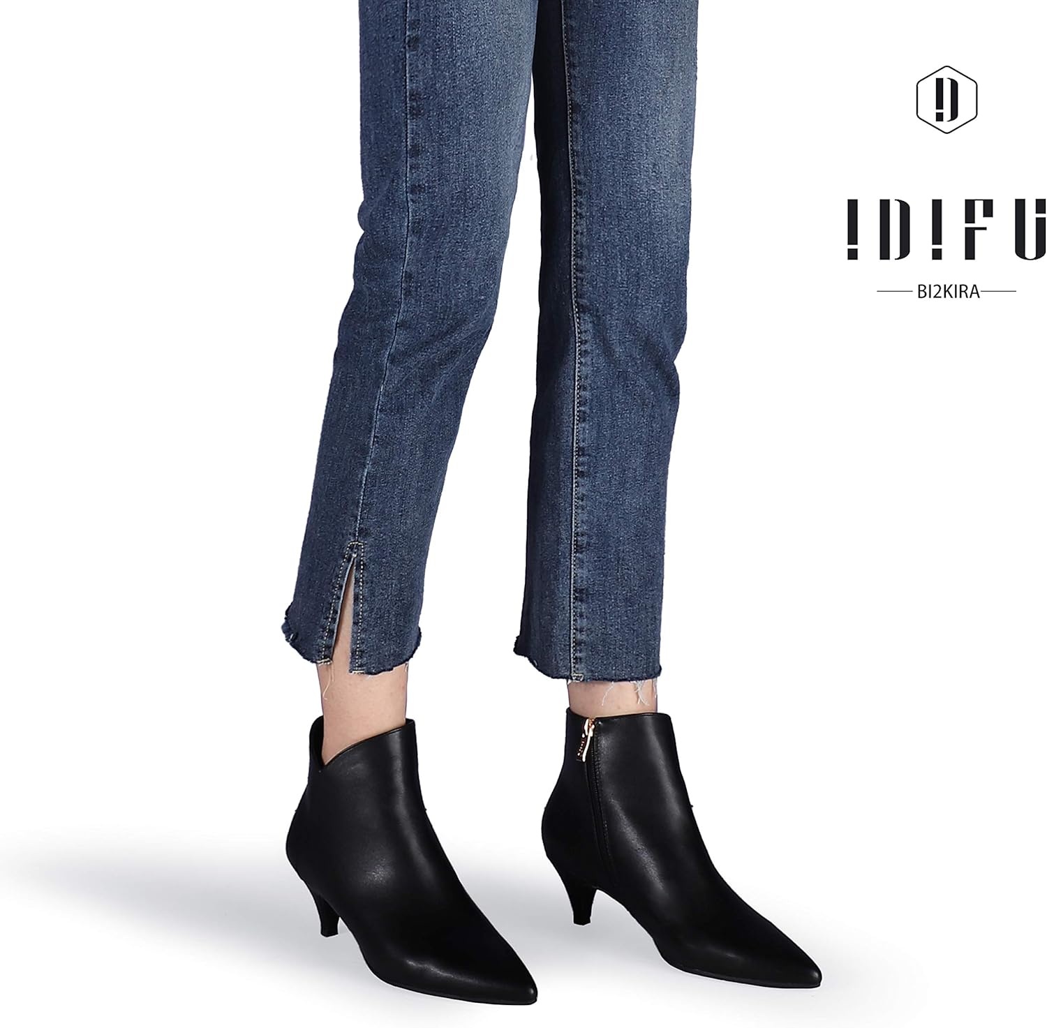 image:imageIDIFU Women Booties Low Kitten Heel Ankle Boots Pointed Toe Short Boots Dress Sexy ShoesV Black Pu
