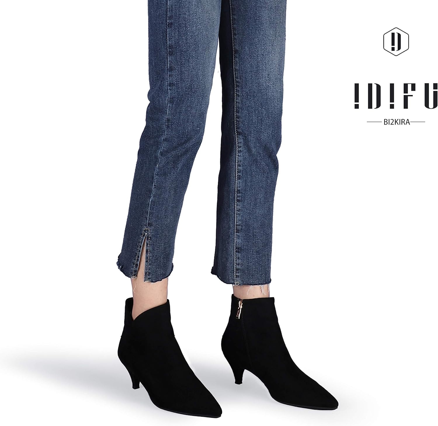 image:imageIDIFU Women Booties Low Kitten Heel Ankle Boots Pointed Toe Short Boots Dress Sexy ShoesV Black Suede