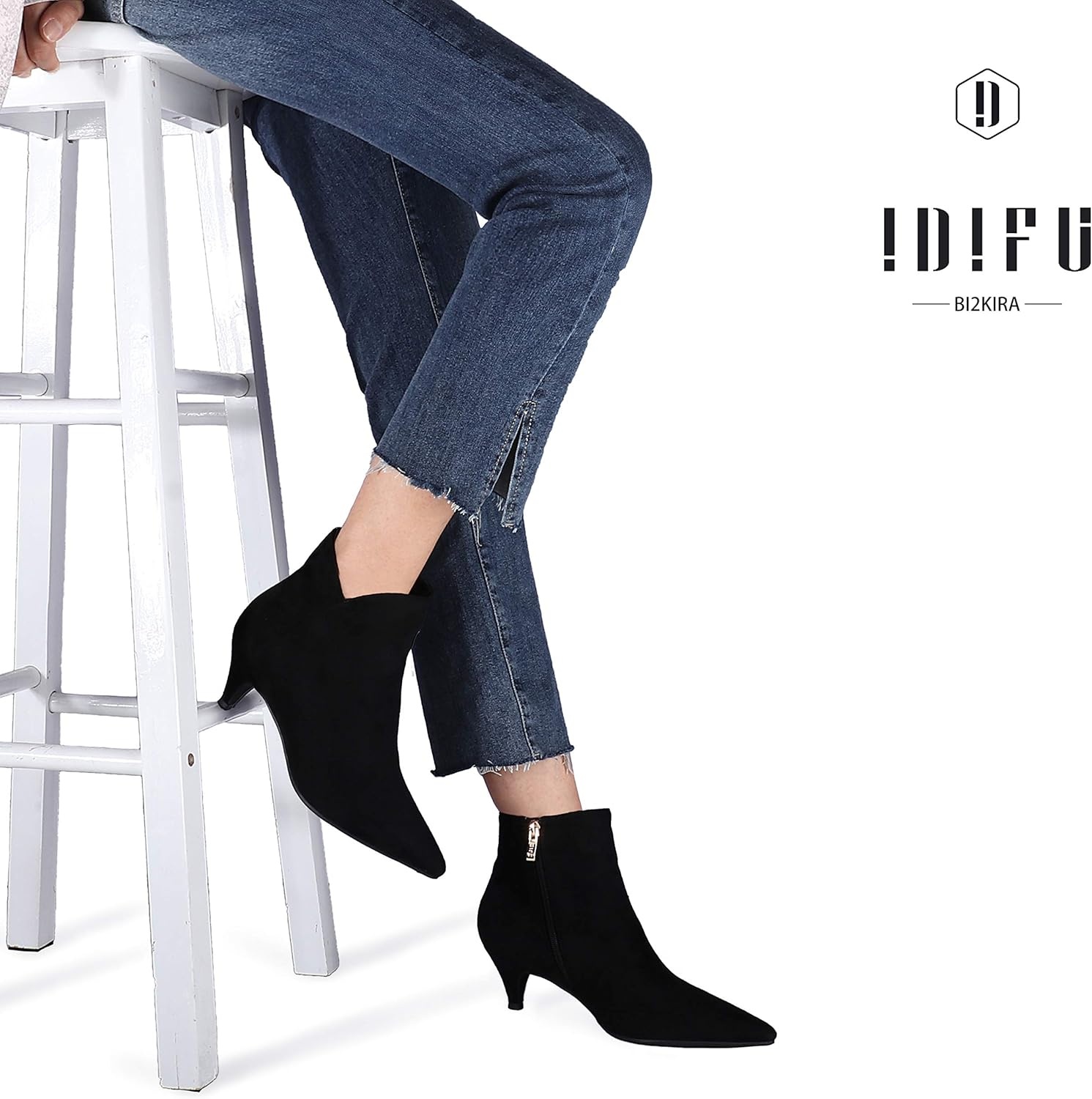 image:imageIDIFU Women Booties Low Kitten Heel Ankle Boots Pointed Toe Short Boots Dress Sexy ShoesV Black Suede