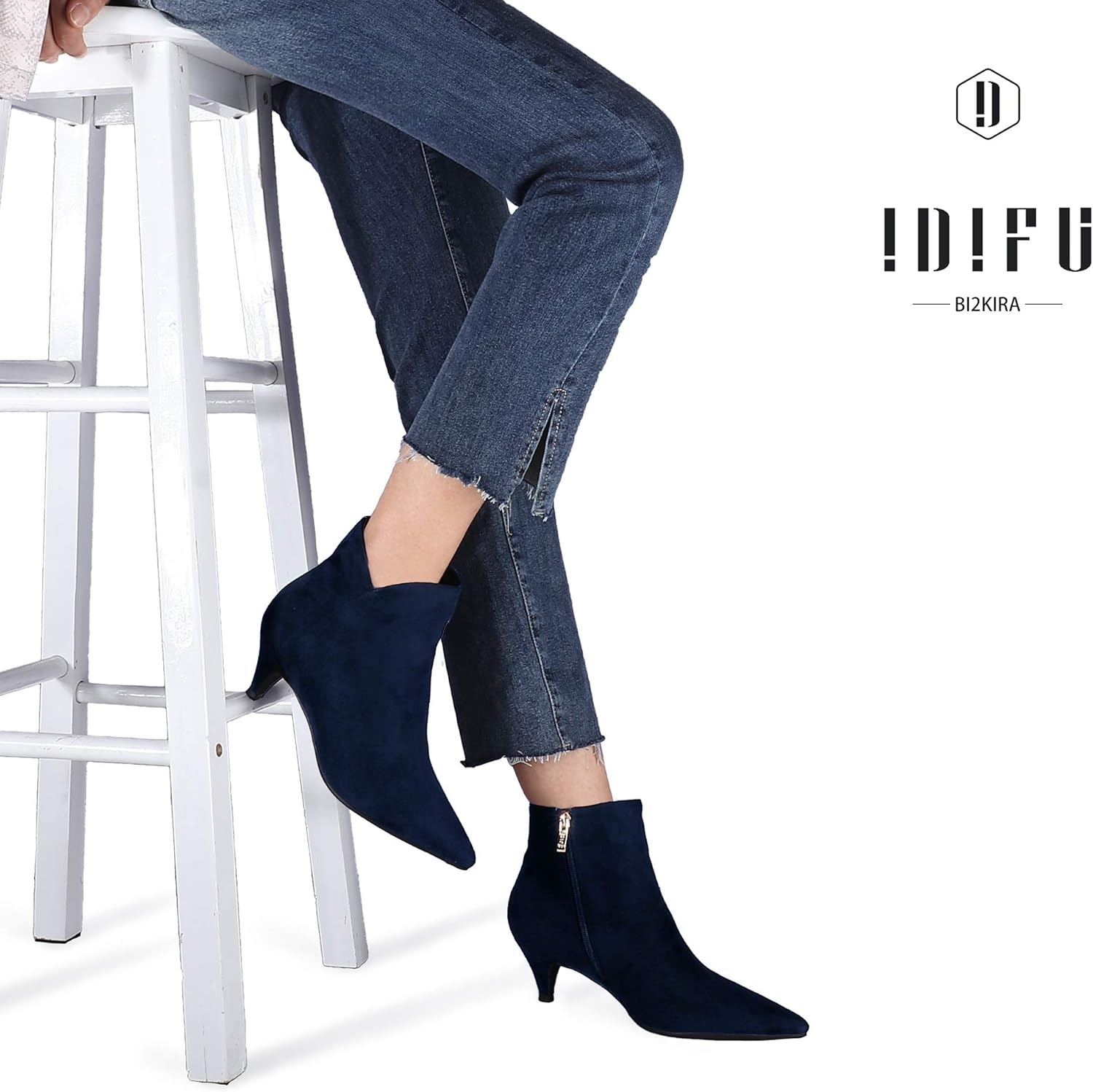 image:imageIDIFU Women Booties Low Kitten Heel Ankle Boots Pointed Toe Short Boots Dress Sexy ShoesV Blue Suede