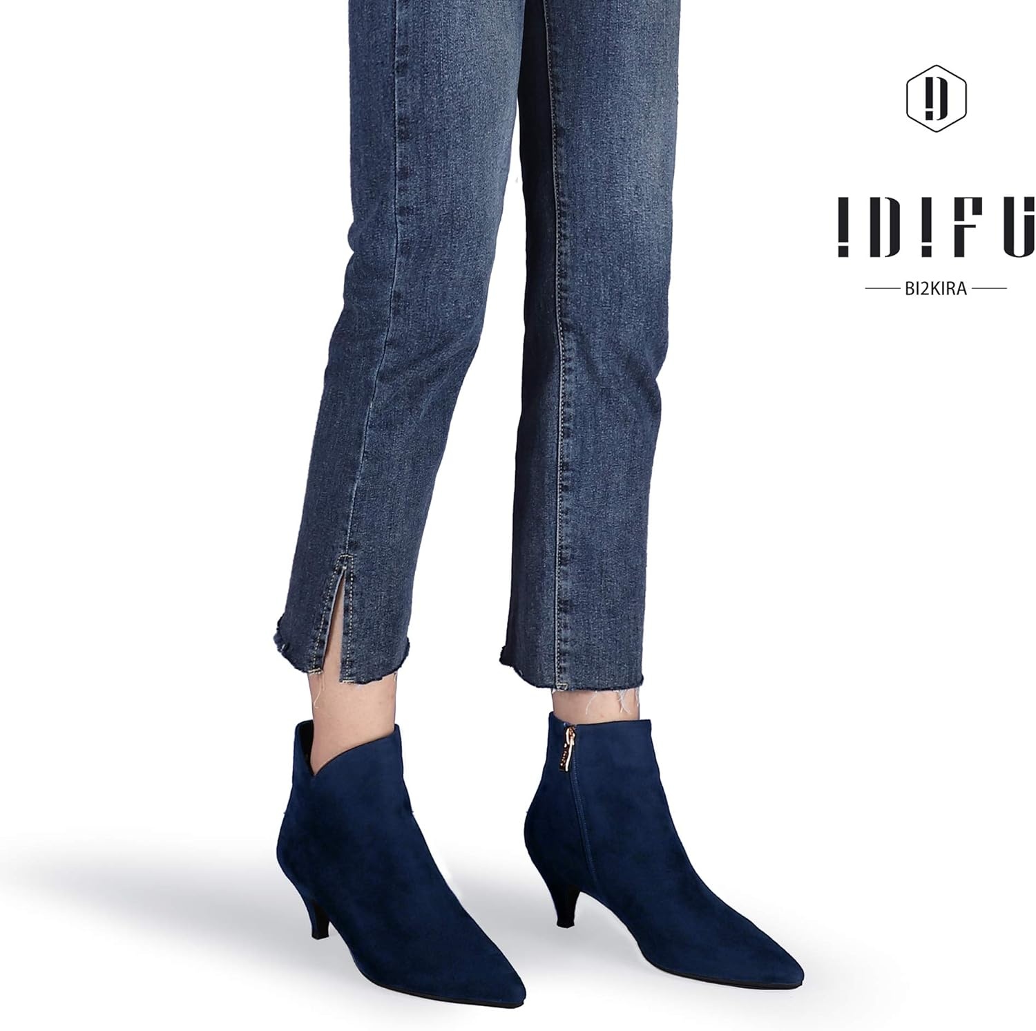 image:imageIDIFU Women Booties Low Kitten Heel Ankle Boots Pointed Toe Short Boots Dress Sexy ShoesV Blue Suede