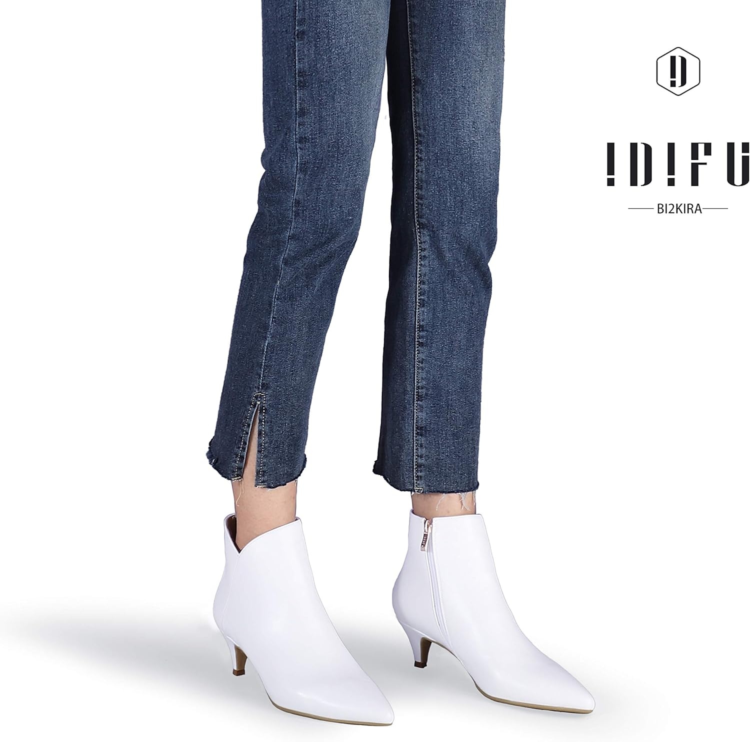 image:imageIDIFU Women Booties Low Kitten Heel Ankle Boots Pointed Toe Short Boots Dress Sexy ShoesV White Pu