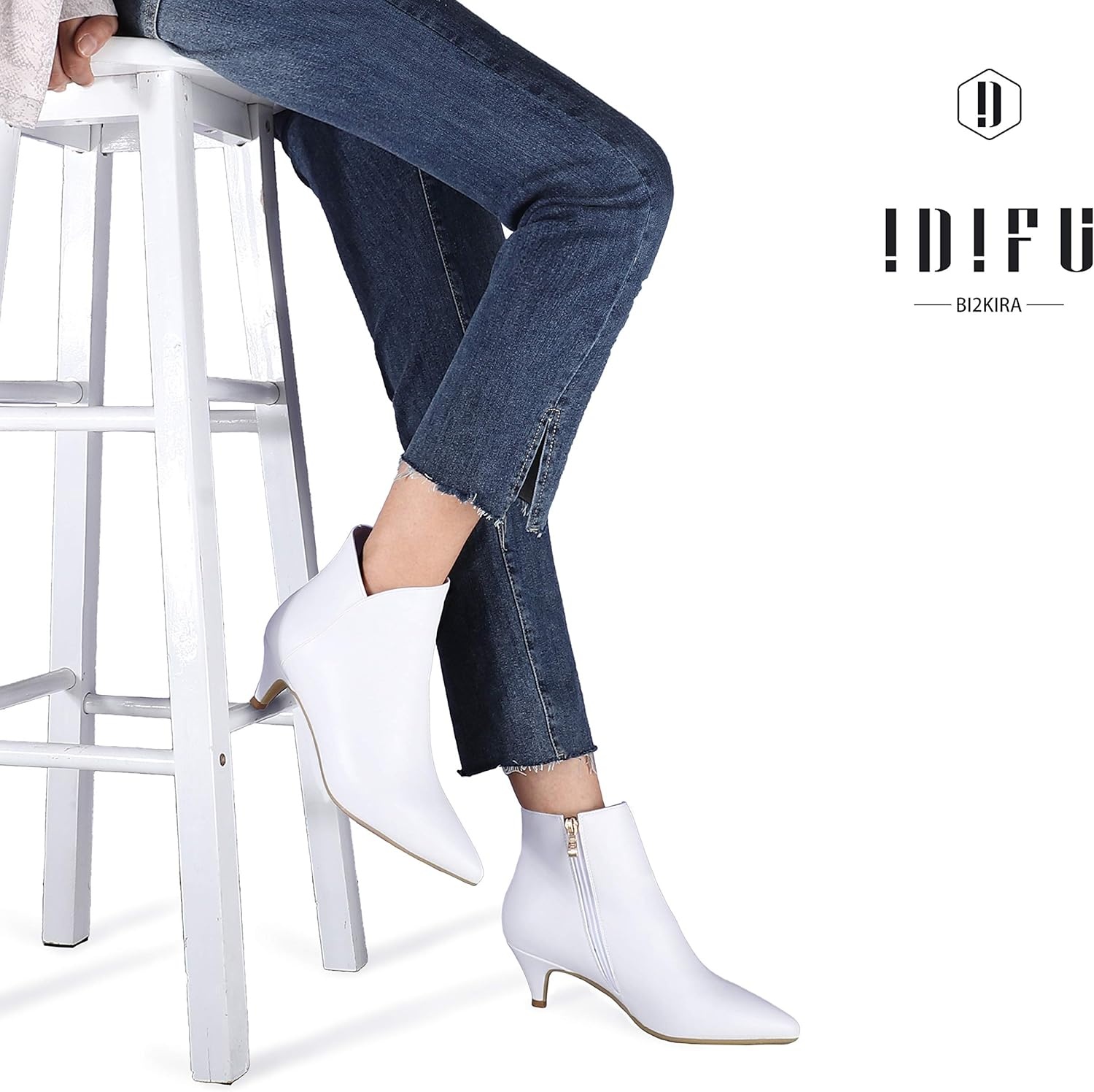 image:imageIDIFU Women Booties Low Kitten Heel Ankle Boots Pointed Toe Short Boots Dress Sexy ShoesV White Pu