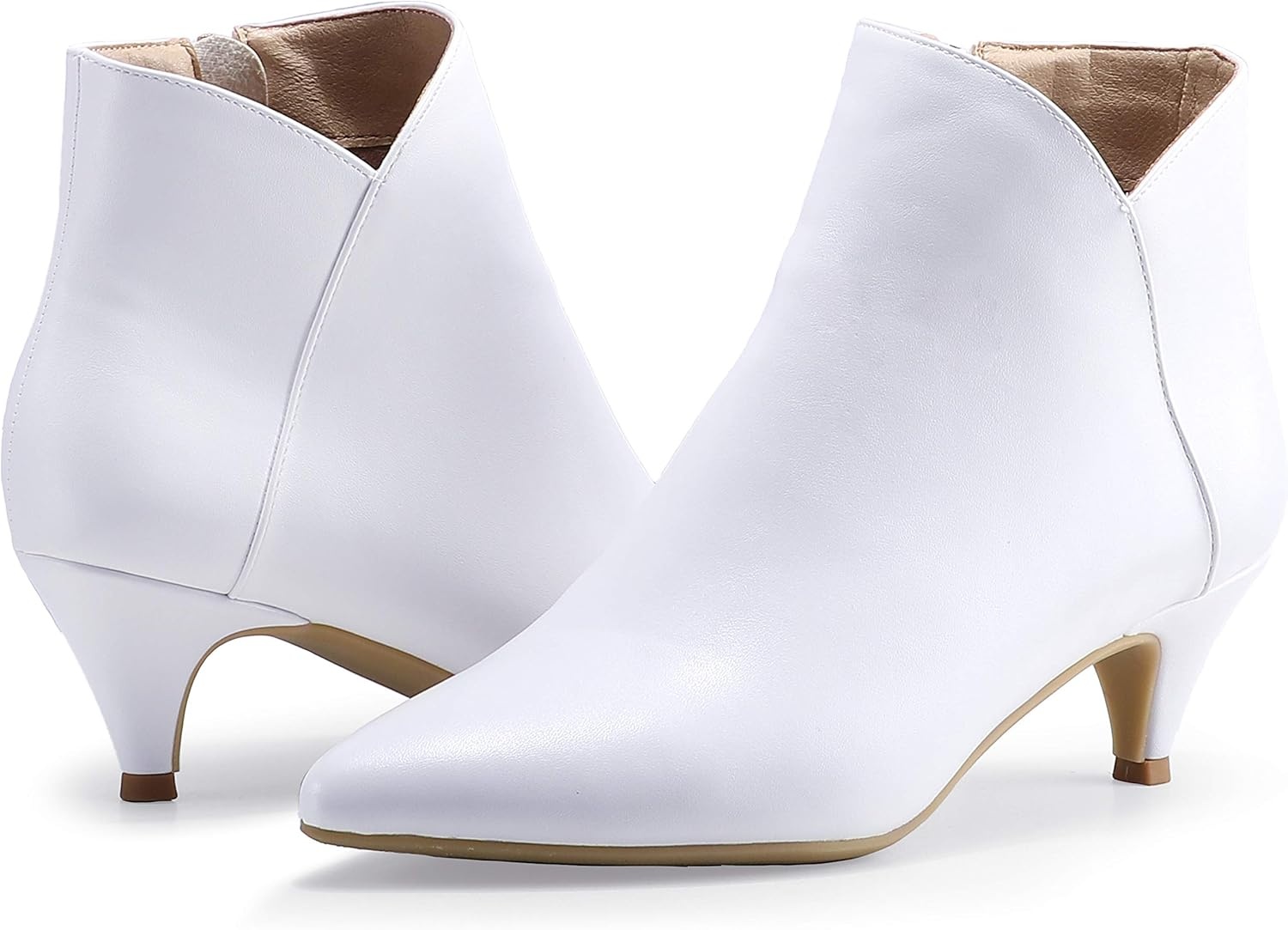 image:imageIDIFU Women Booties Low Kitten Heel Ankle Boots Pointed Toe Short Boots Dress Sexy ShoesV White Pu