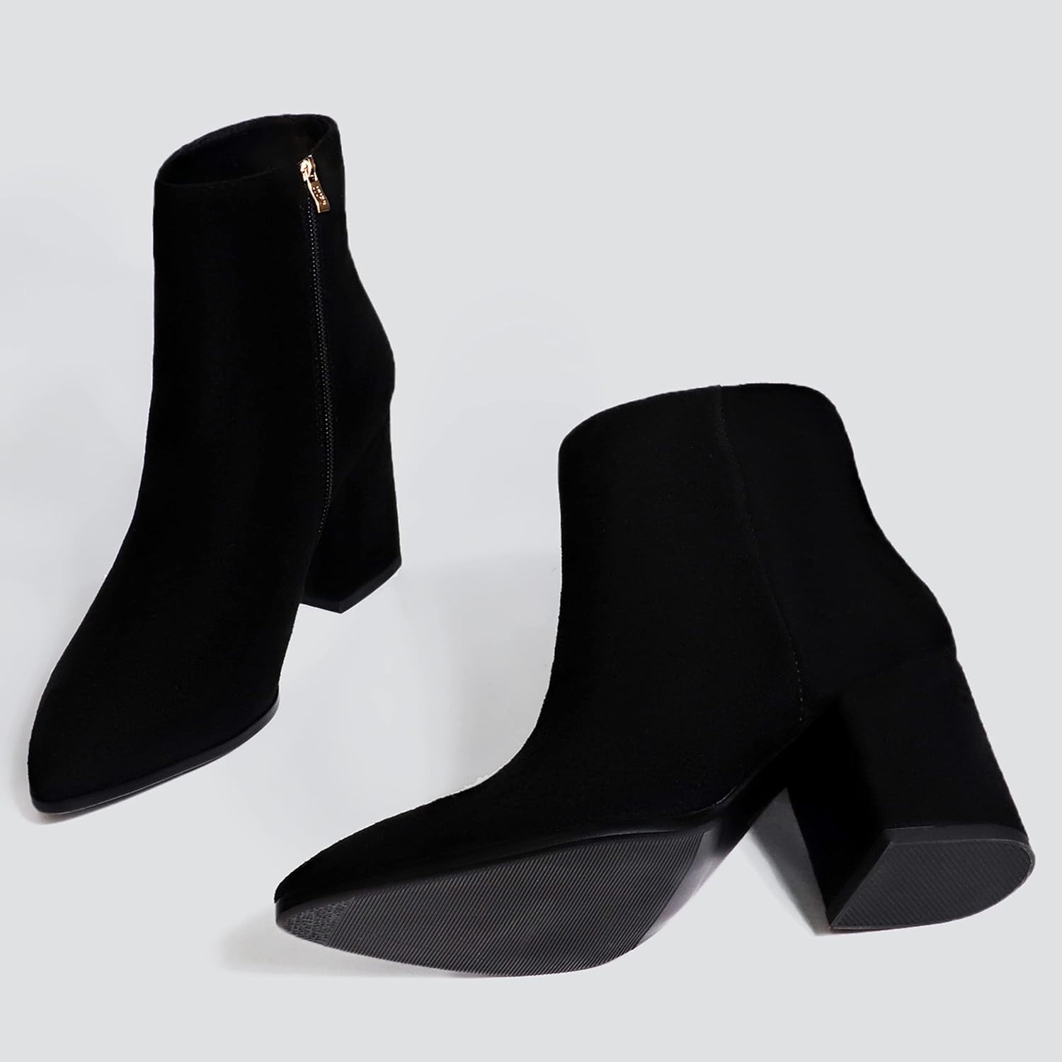 image:imageIDIFU Women Dress Ankle Boot with Low Chunky Heel Pointed Toe Side Zipper Bootie Shoe for Women Office Business Date WeddingBlack Suede