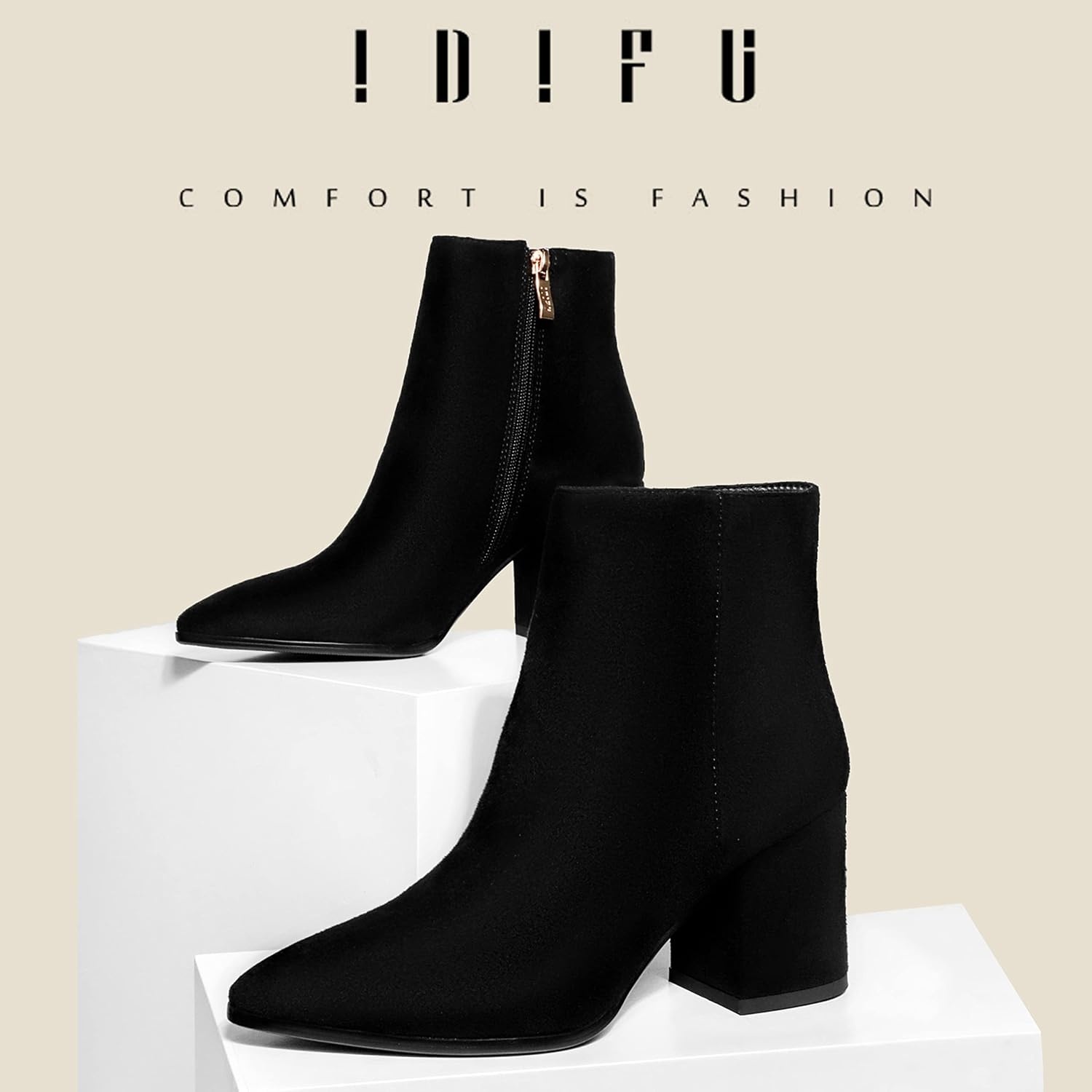 image:imageIDIFU Women Dress Ankle Boot with Low Chunky Heel Pointed Toe Side Zipper Bootie Shoe for Women Office Business Date WeddingBlack Suede